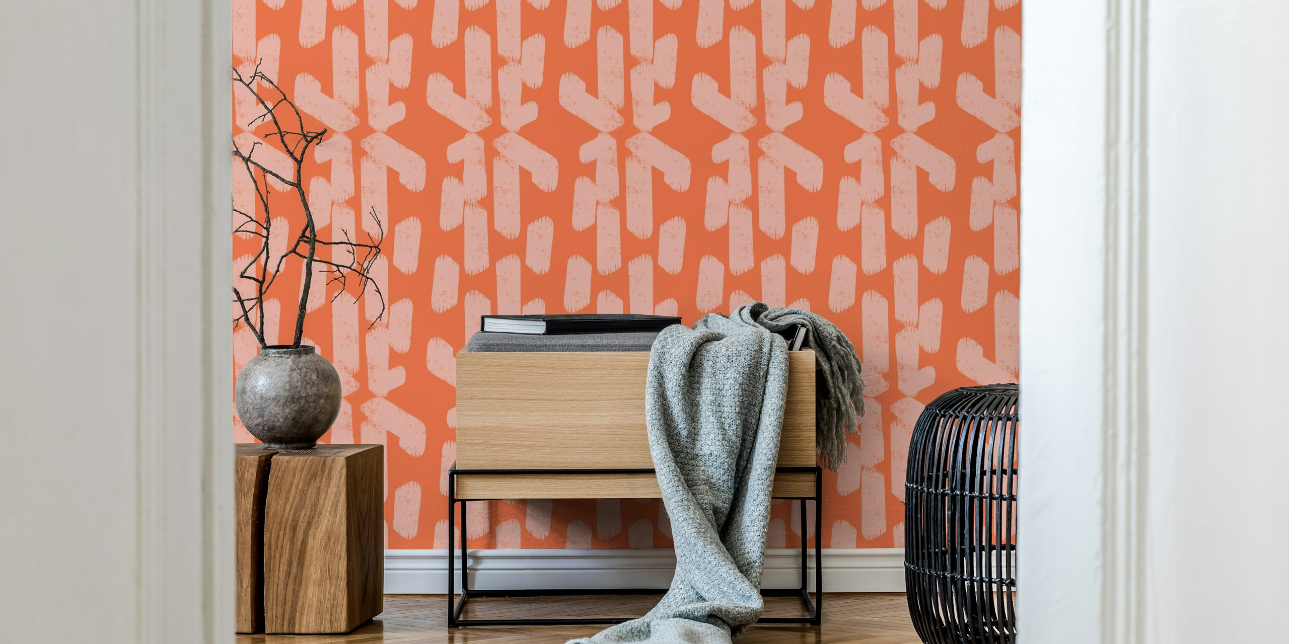 Mid Mod Geometric Tracks Coral-Pink wallpaper in a room