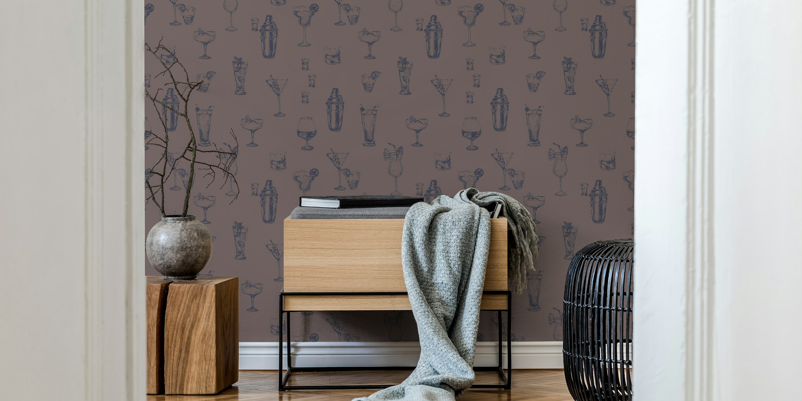 Vintage cocktail glass patterns in deep purple and navy wallpaper