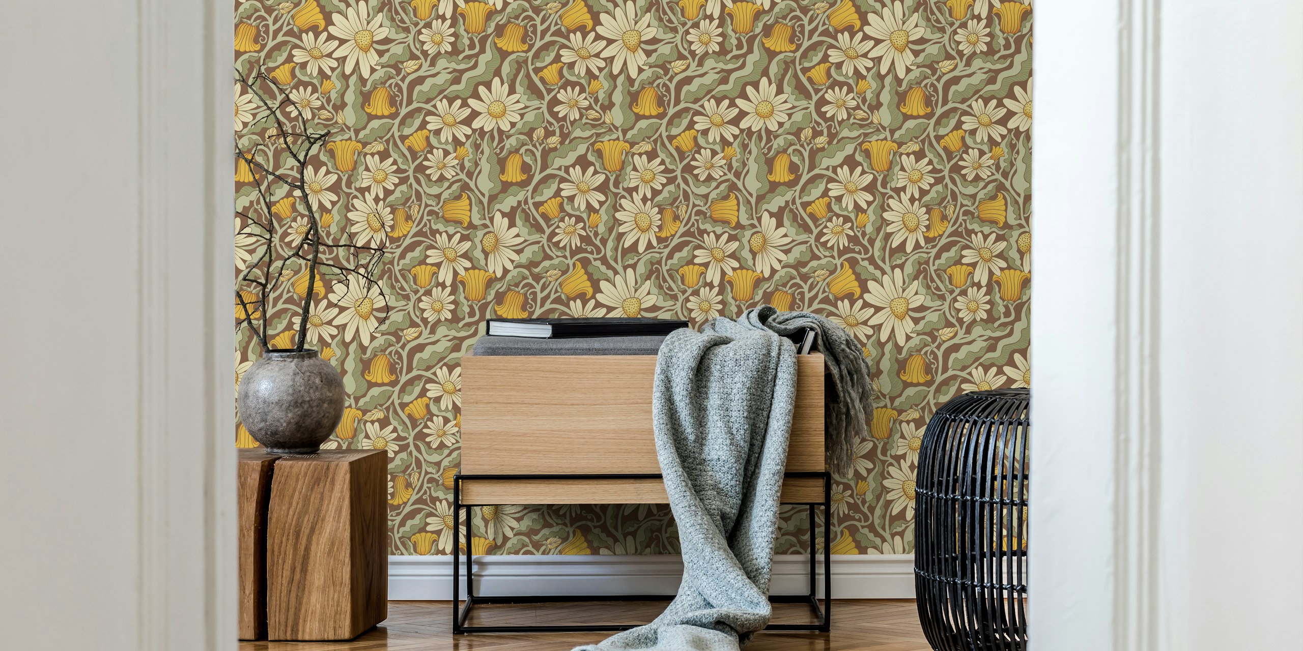 Climbing Flowers on Coffee Brown Pattern