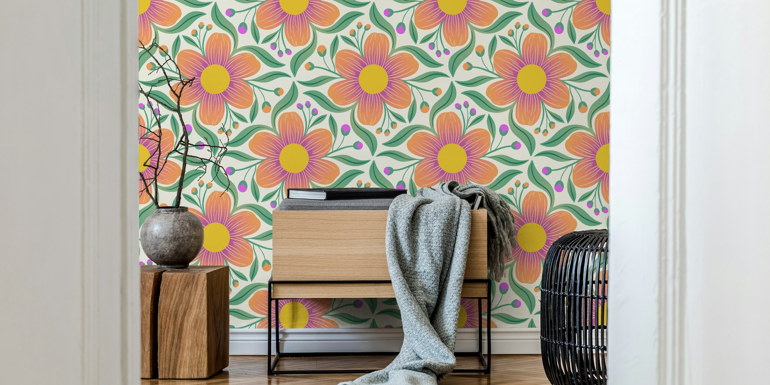 Retro-style floral pattern wall mural with oversized flowers on a light green background.