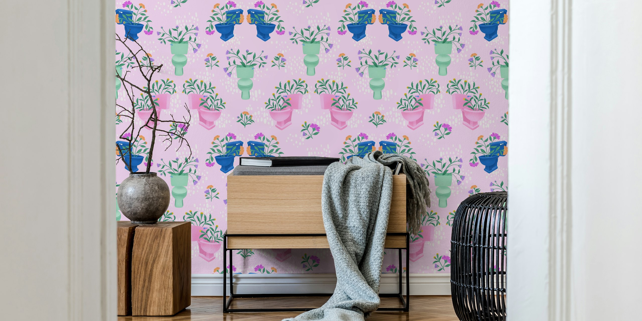 Floral wallpaper in a pink room