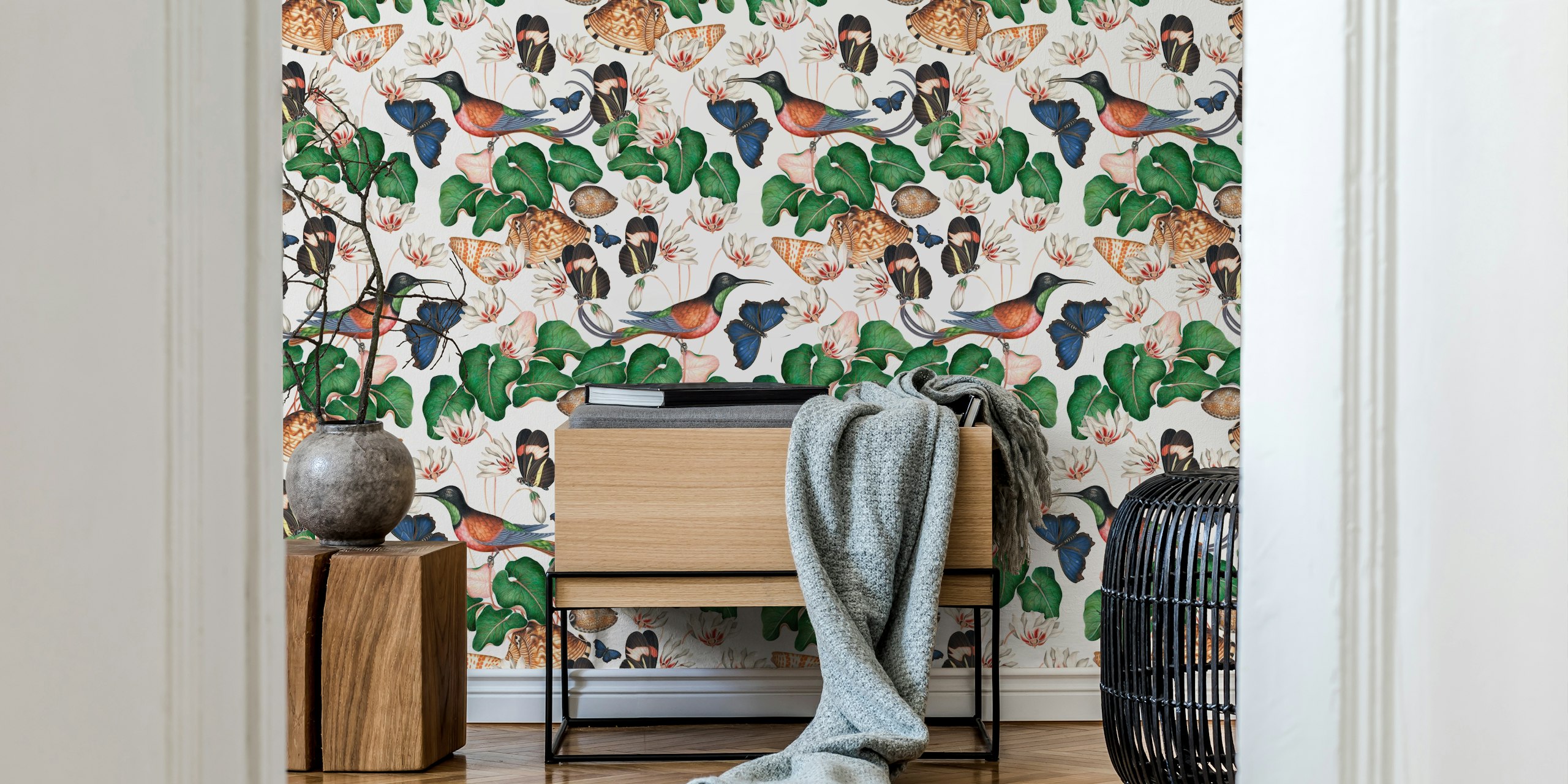 Exotic vintage wall mural featuring hummingbirds and jungle flora