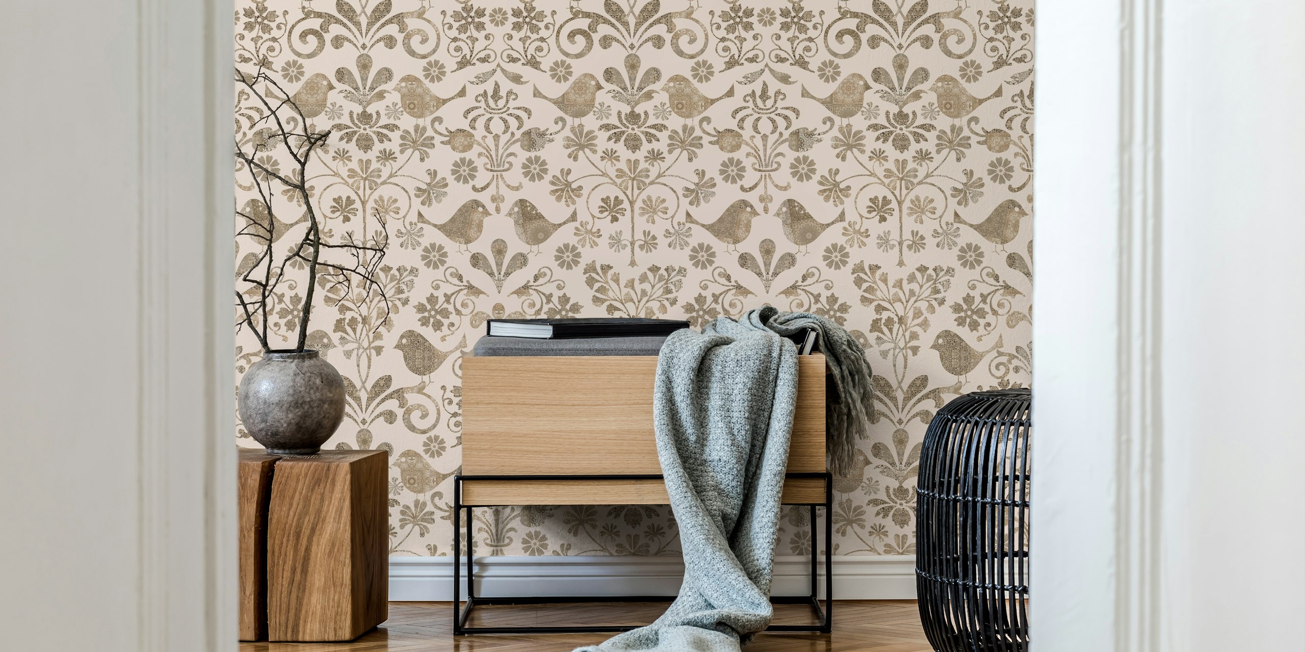 Birds and florals wallpaper in a room