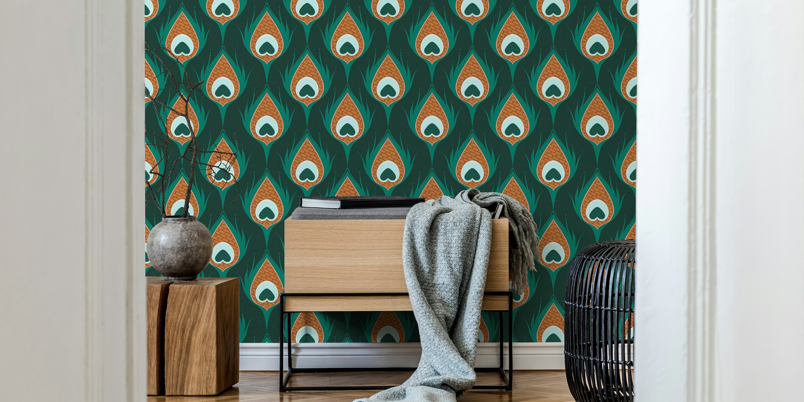 Peacock feather pattern in green, brown, and white wallpaper
