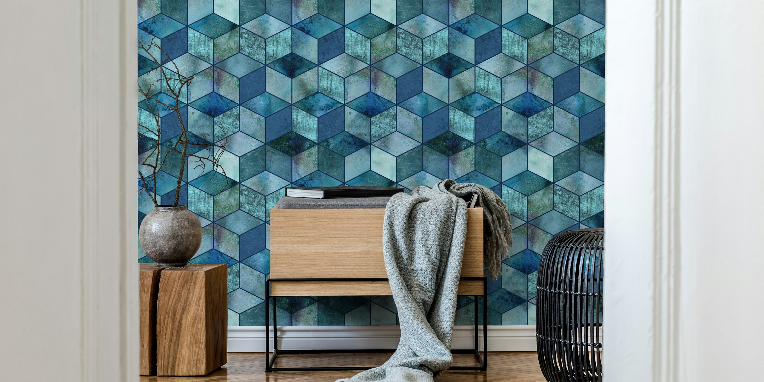 Geometric honeycomb pattern in shades of blue wallpaper