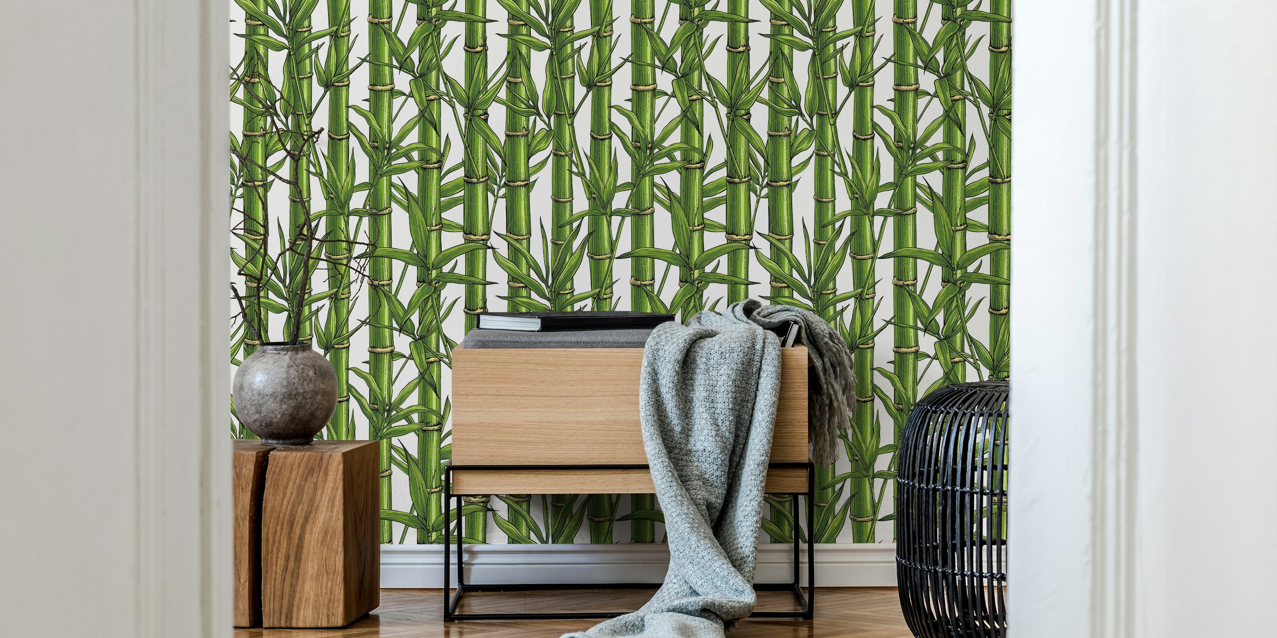 Bamboo forest green wallpaper with natural white background