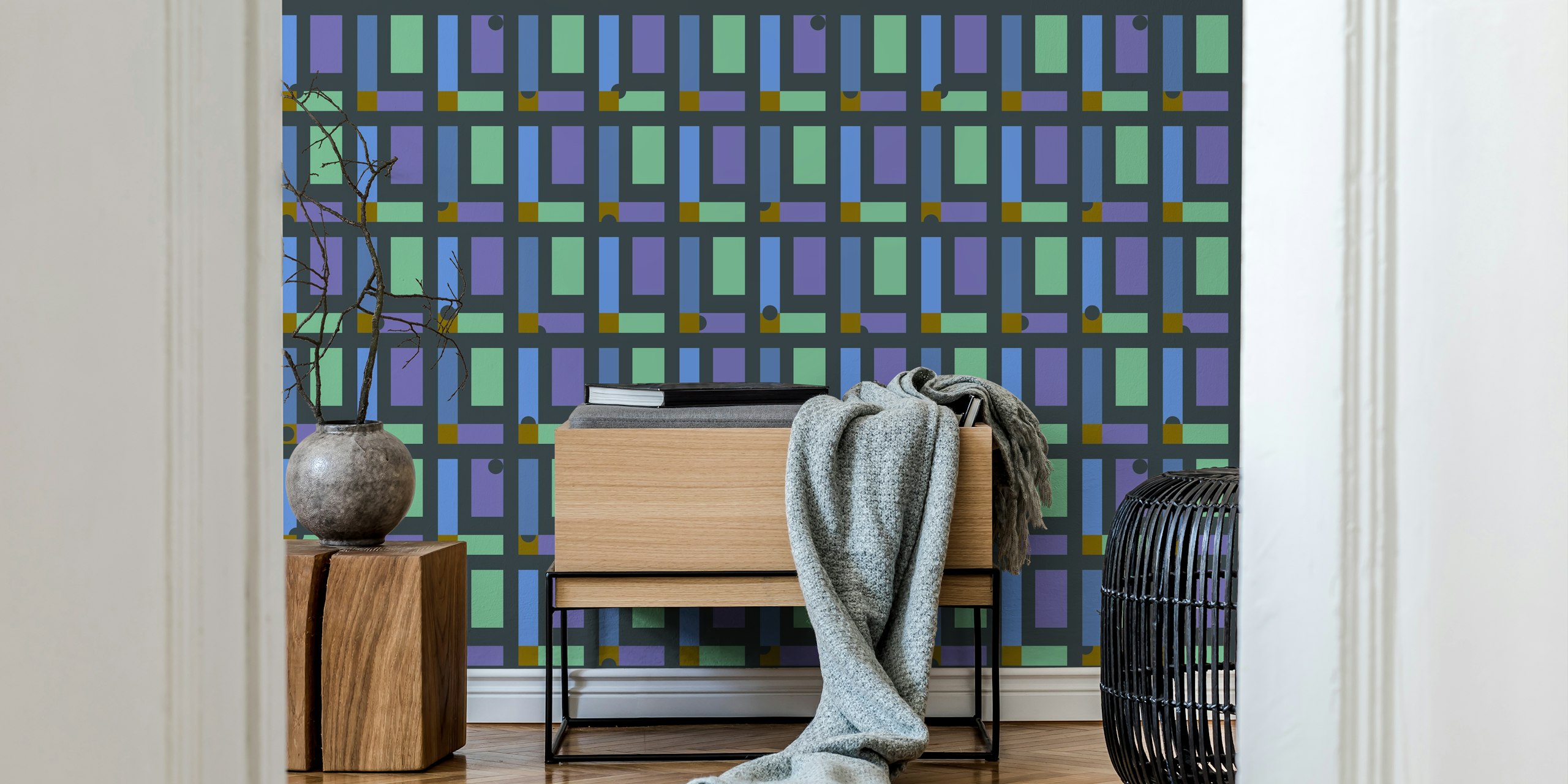 Happy retro checks pattern in dark blue, periwinkle, mint green and moss colors wall mural