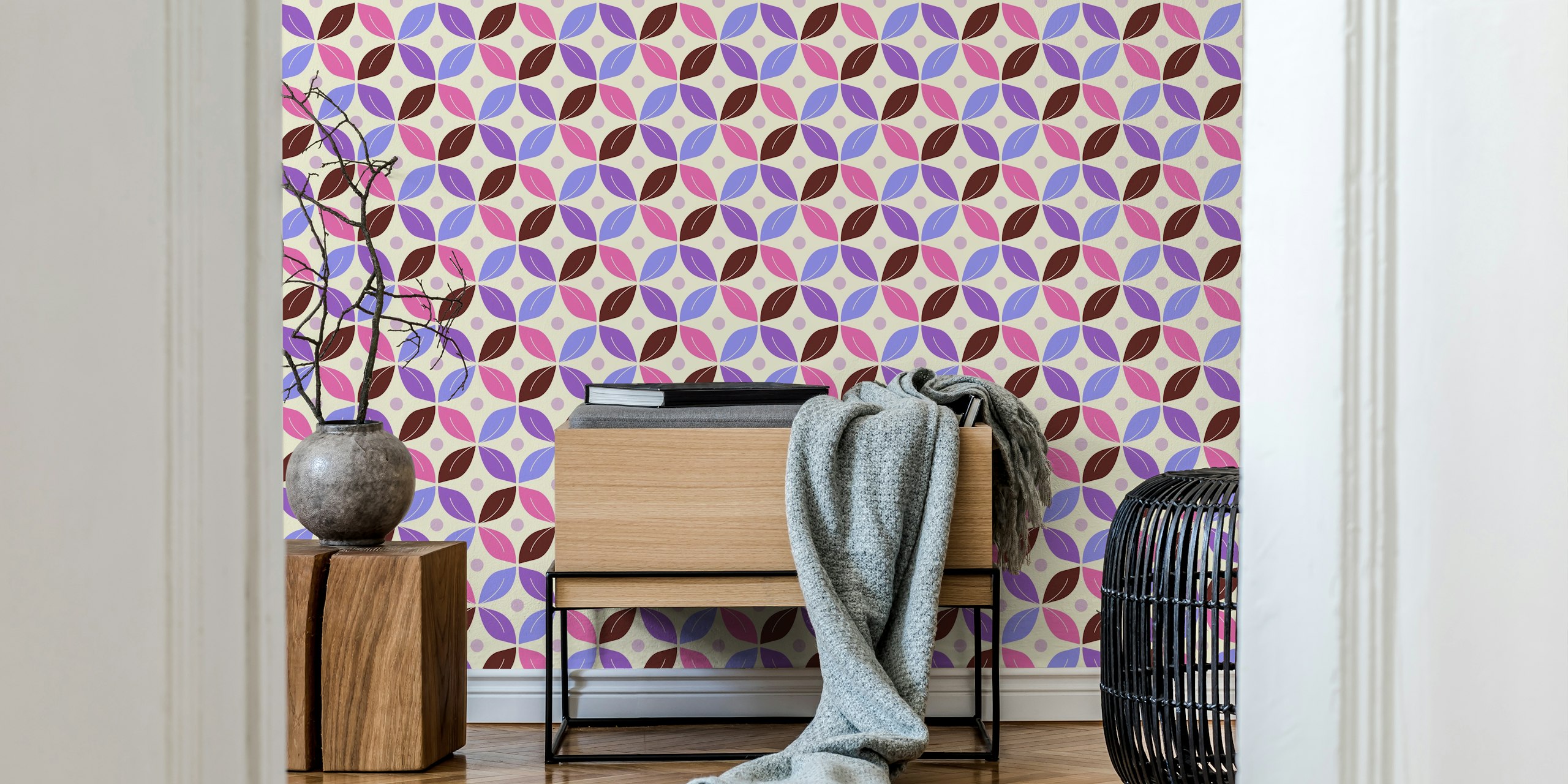 Colorful retro floral pattern with pink, purple, and fuchsia shapes wallpaper