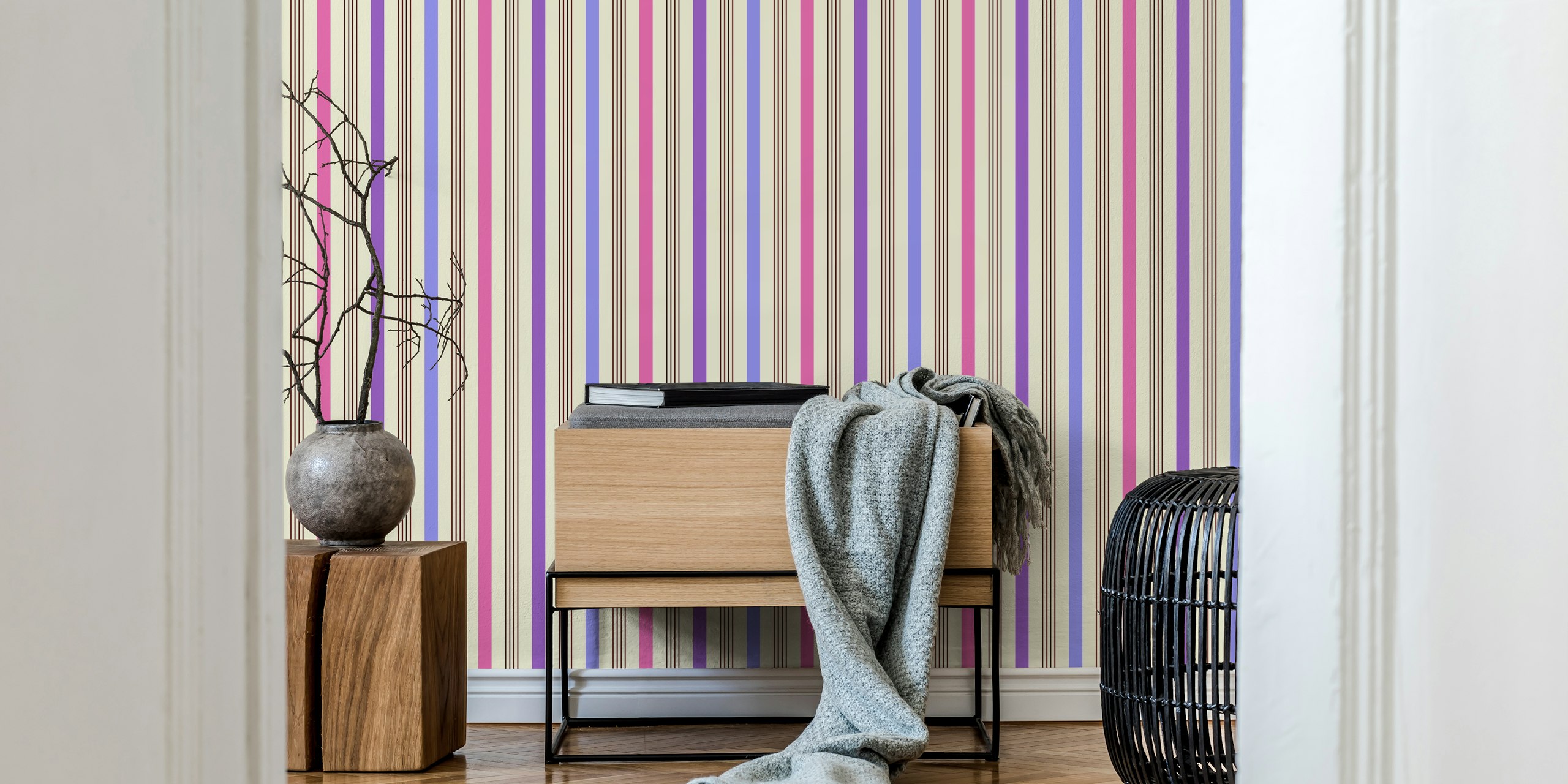 Fotomural vinílico de parede Happy Retro Stripes rosa, roxo e fúcsia com linhas verticais