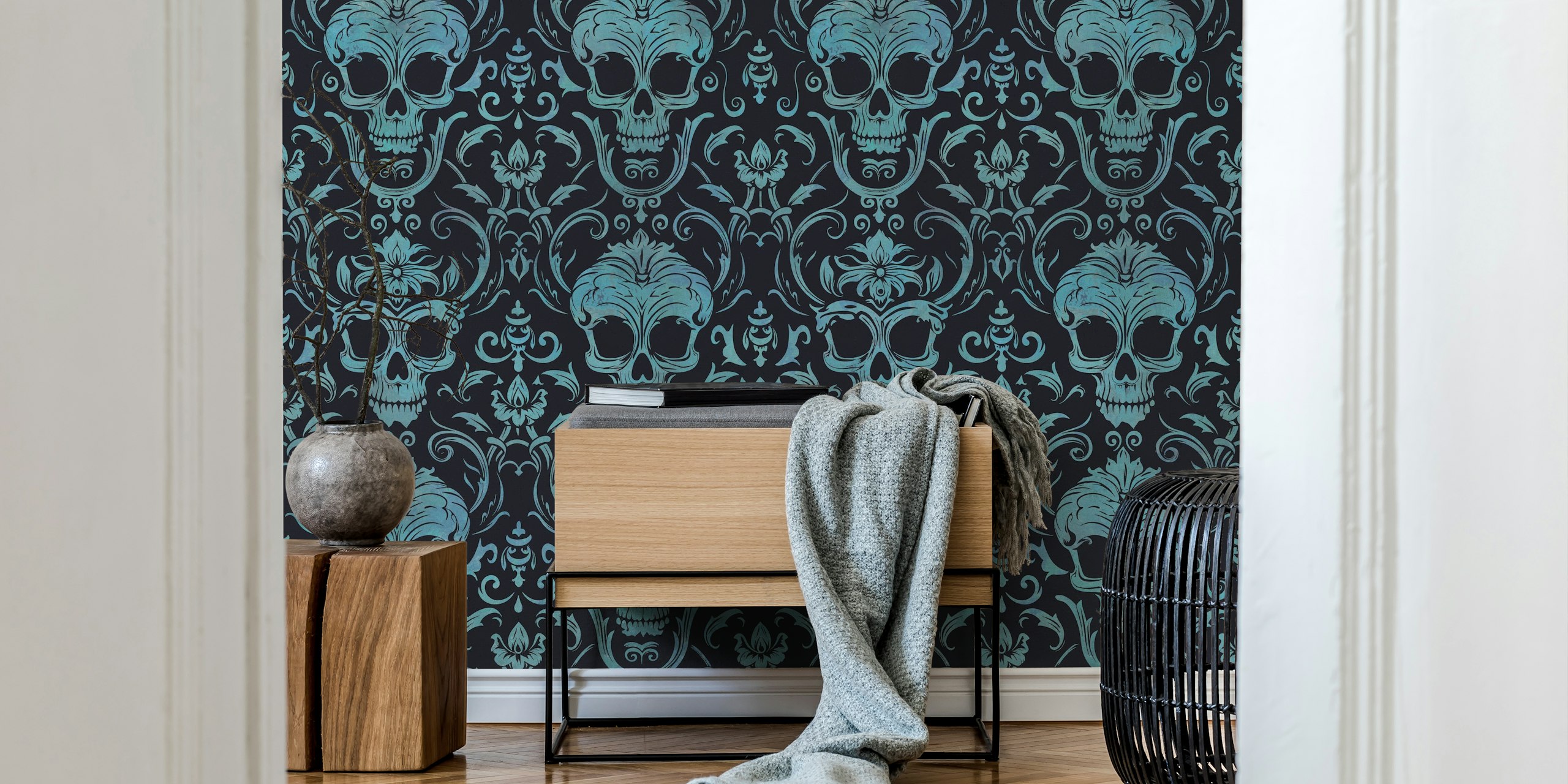 Mörk gotisk elegans skalle damastmönster kricka Svart väggmålning