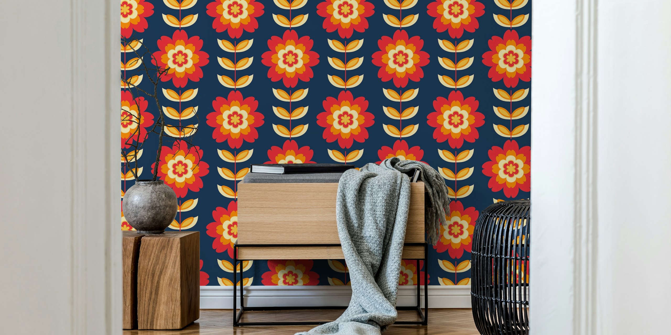 70S Scandi Mid Century Floral wallpaper in a room