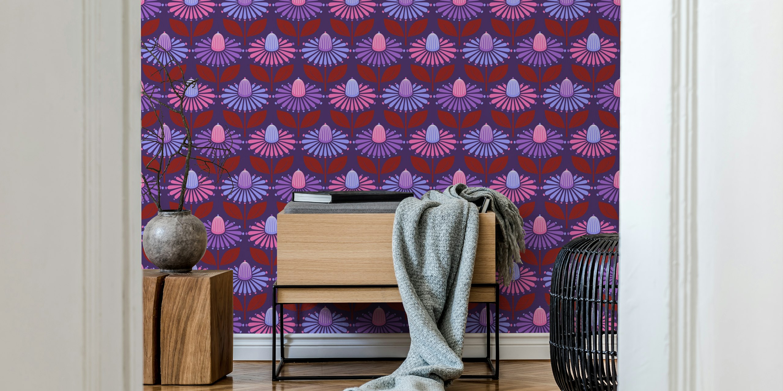 Fotomural Happy Retro Coneflowers Deep Purple con estampado floral estilizado