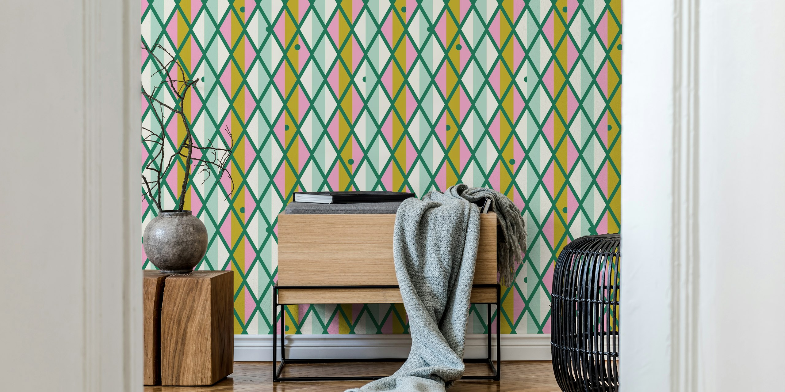 Harlequin pattern in green, mint, and pink wallpaper