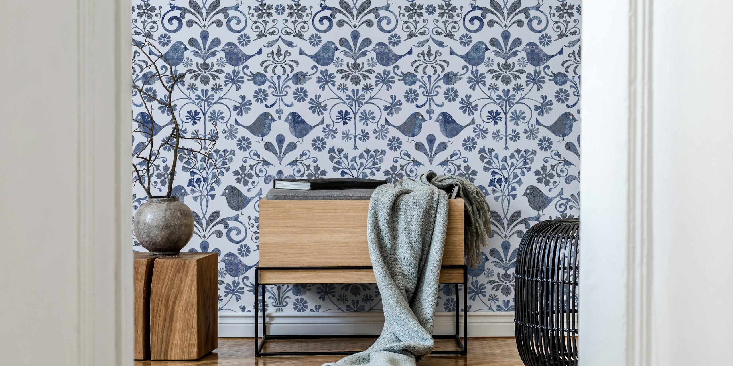 Scandinavian-style wall mural with birds and floral patterns in blue hues