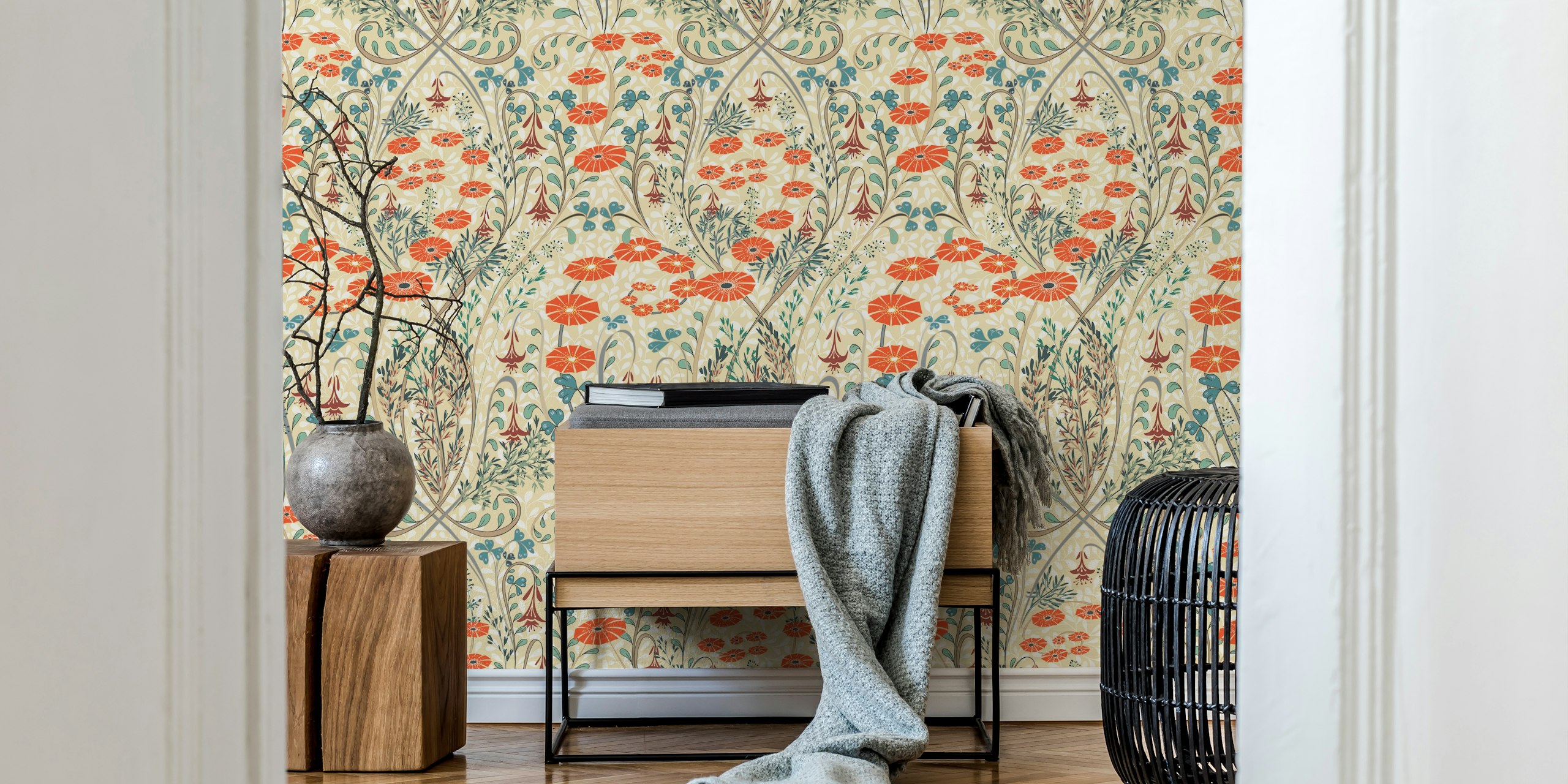 Vintage floral wallpaper with red and blue flowers on a beige background