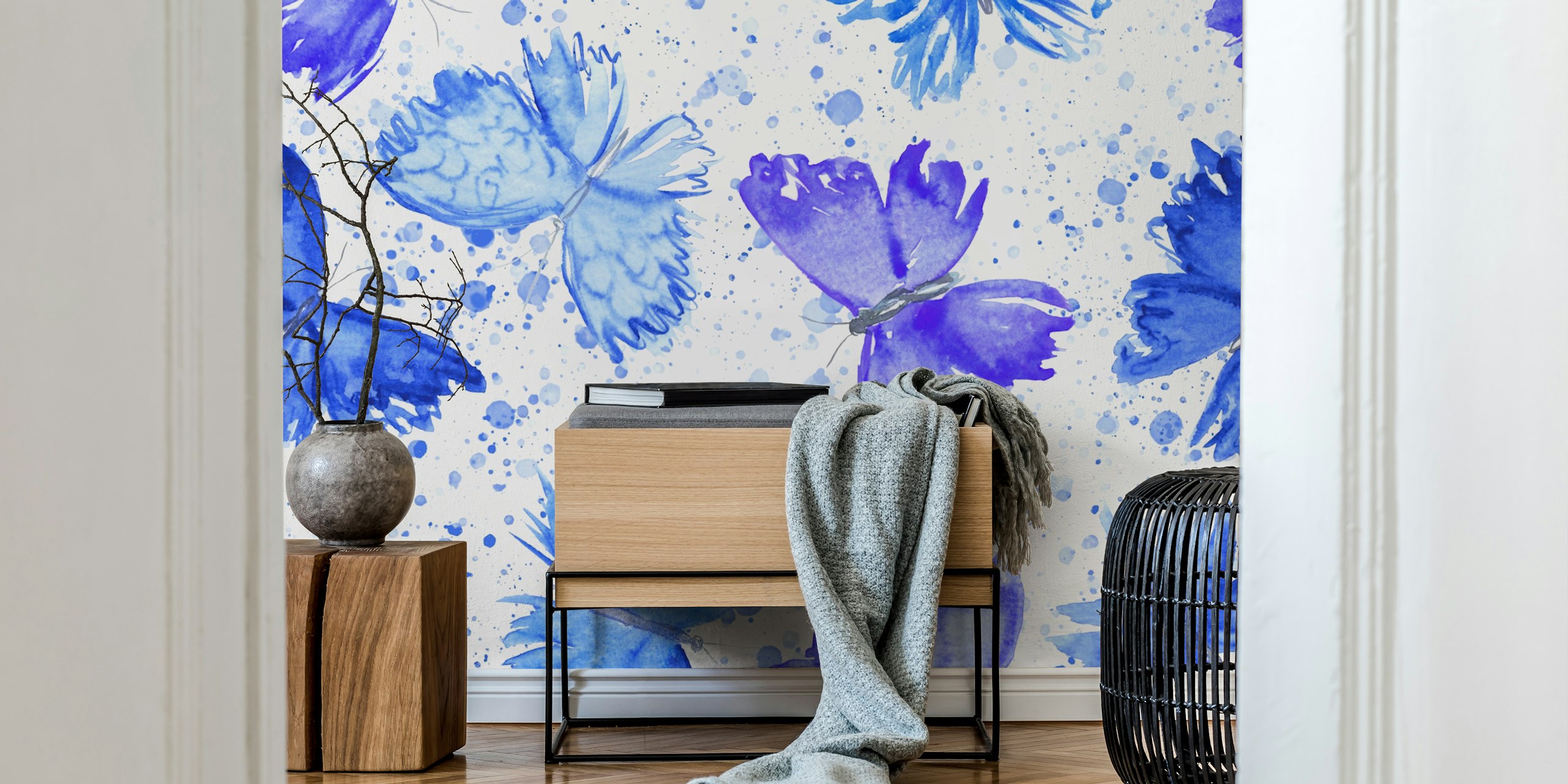 Watercolor butterflies in shades of blue with white background wallpaper