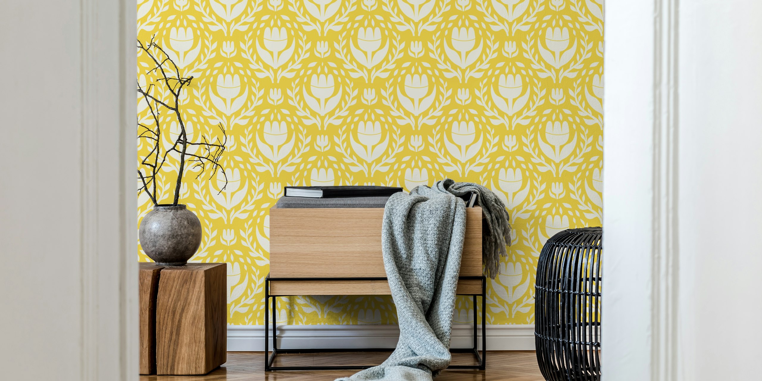 Bold white floral wallpaper on yellow background
