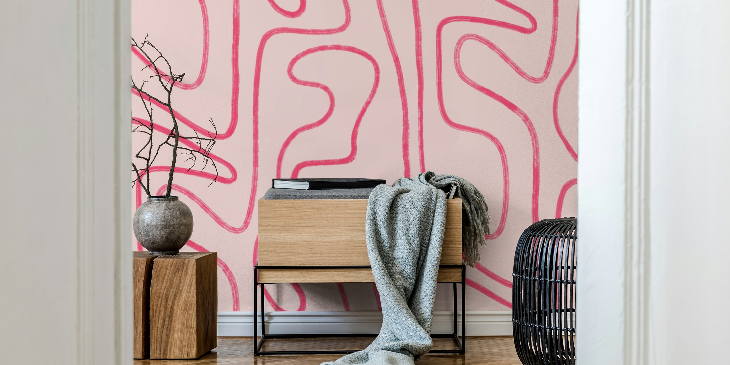 Abstract modern lines in hot pink wall mural design