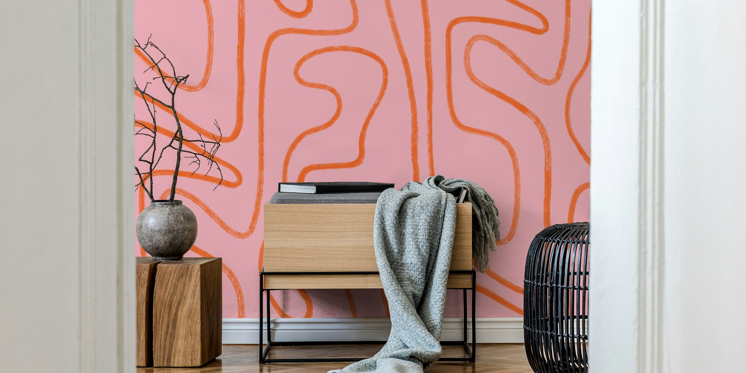 Abstract Modern Lines papel pintado en rosa y naranja