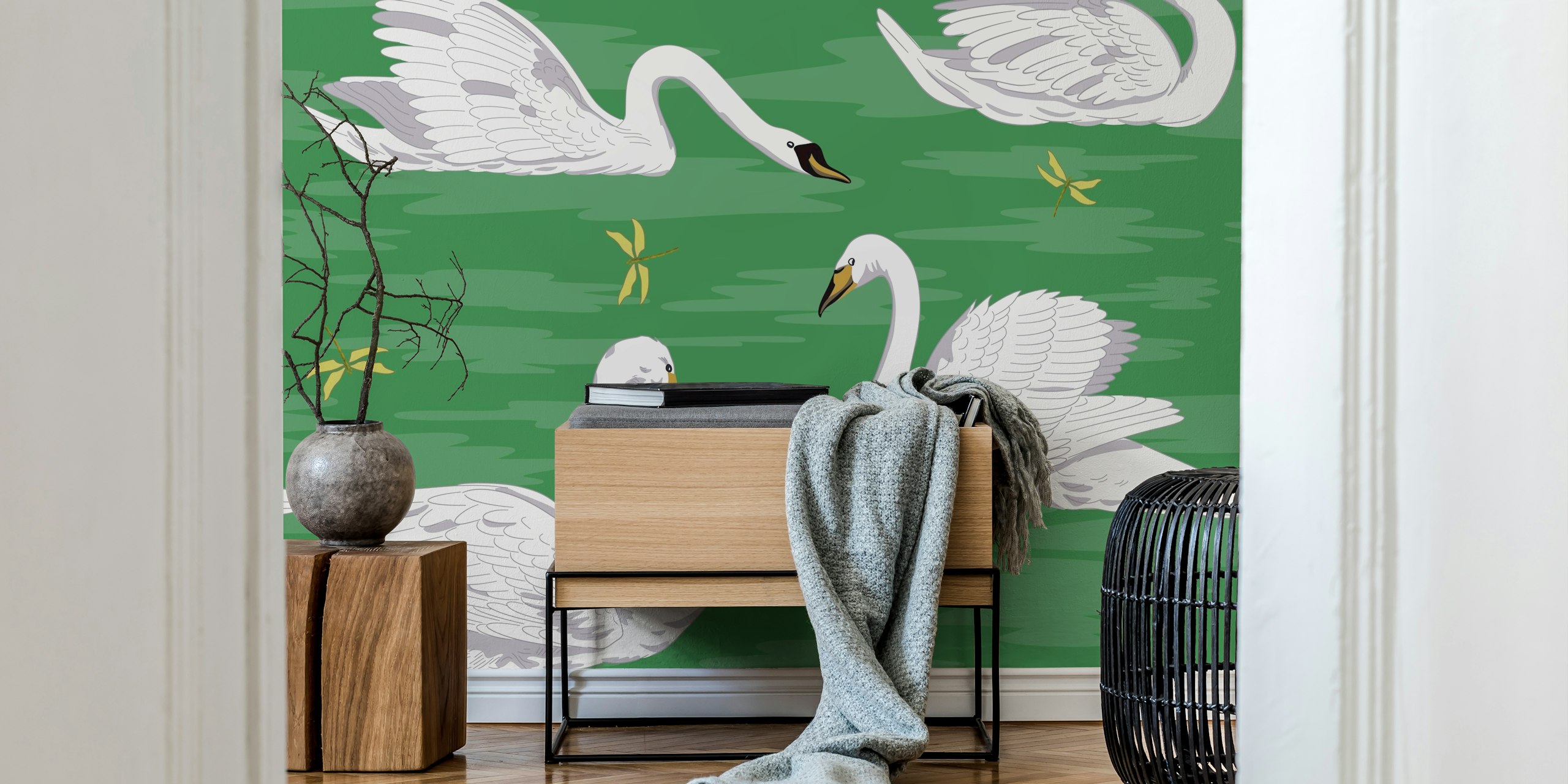 White swans wallpaper displayed in a room