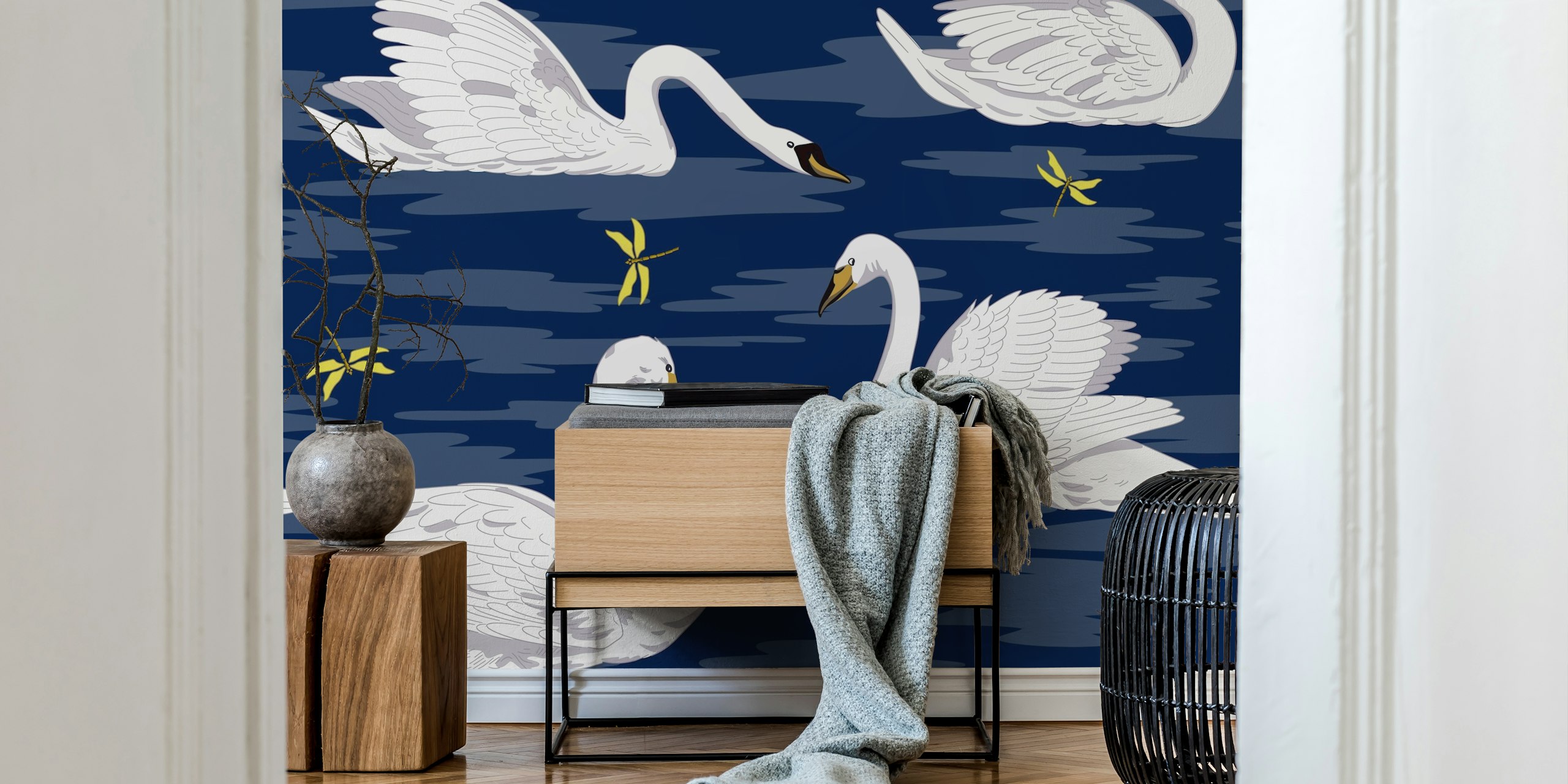 White swans on dark blue water background wallpaper