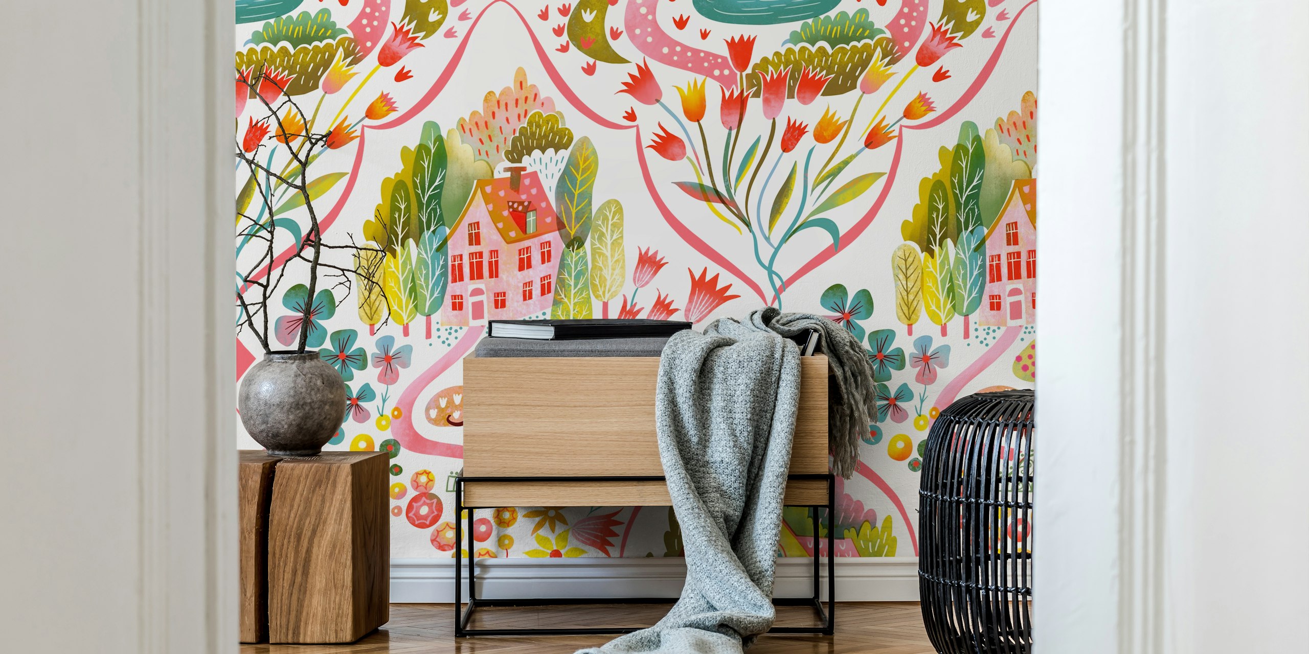 Blooming garden houses wallpaper in a room