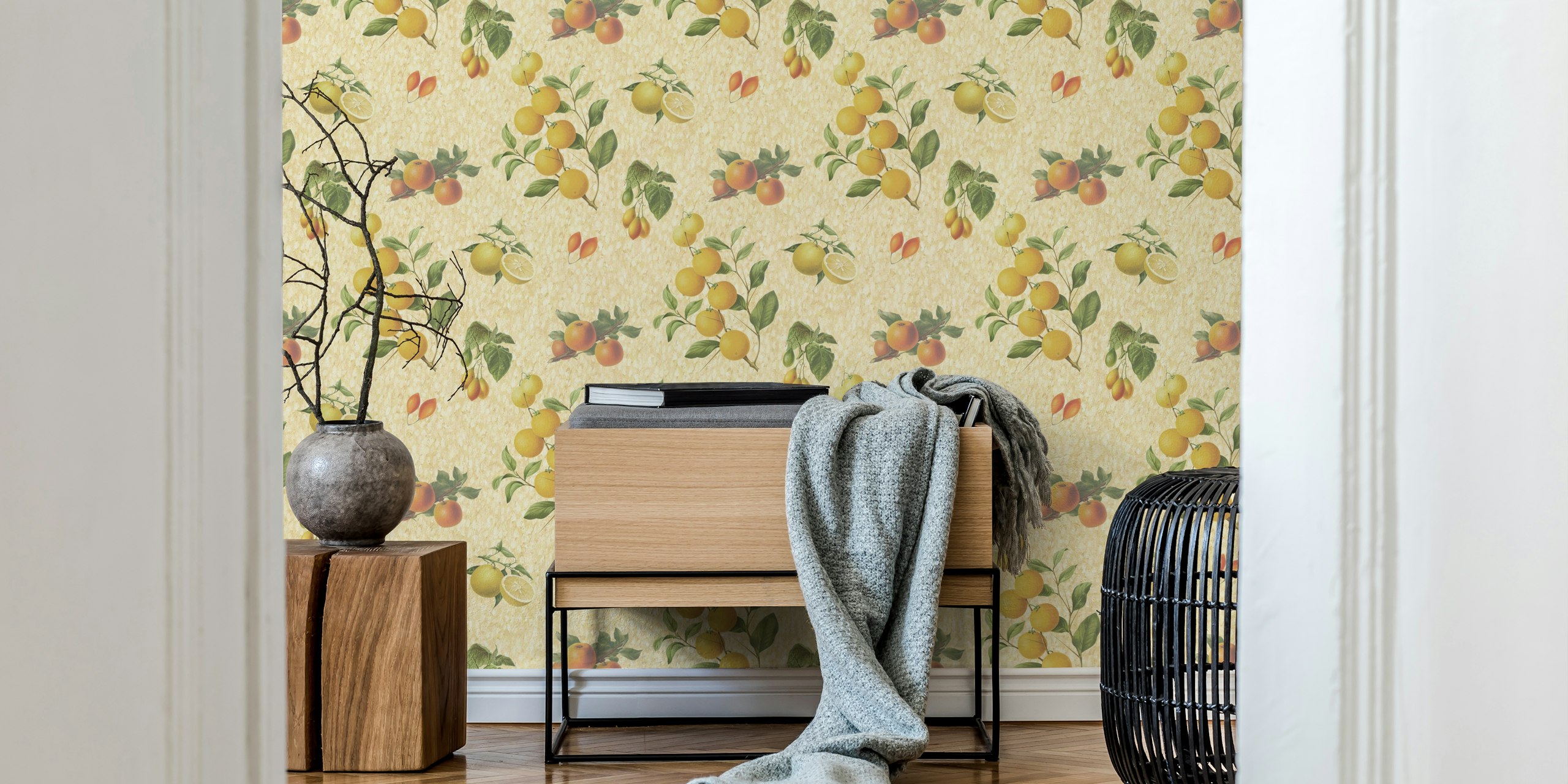 Vintage lemon wallpaper in a bright room