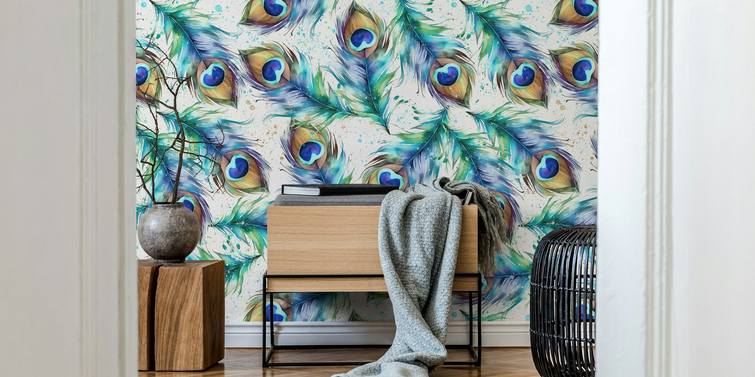 Watercolors Peacock Feathers tapet i ett rum