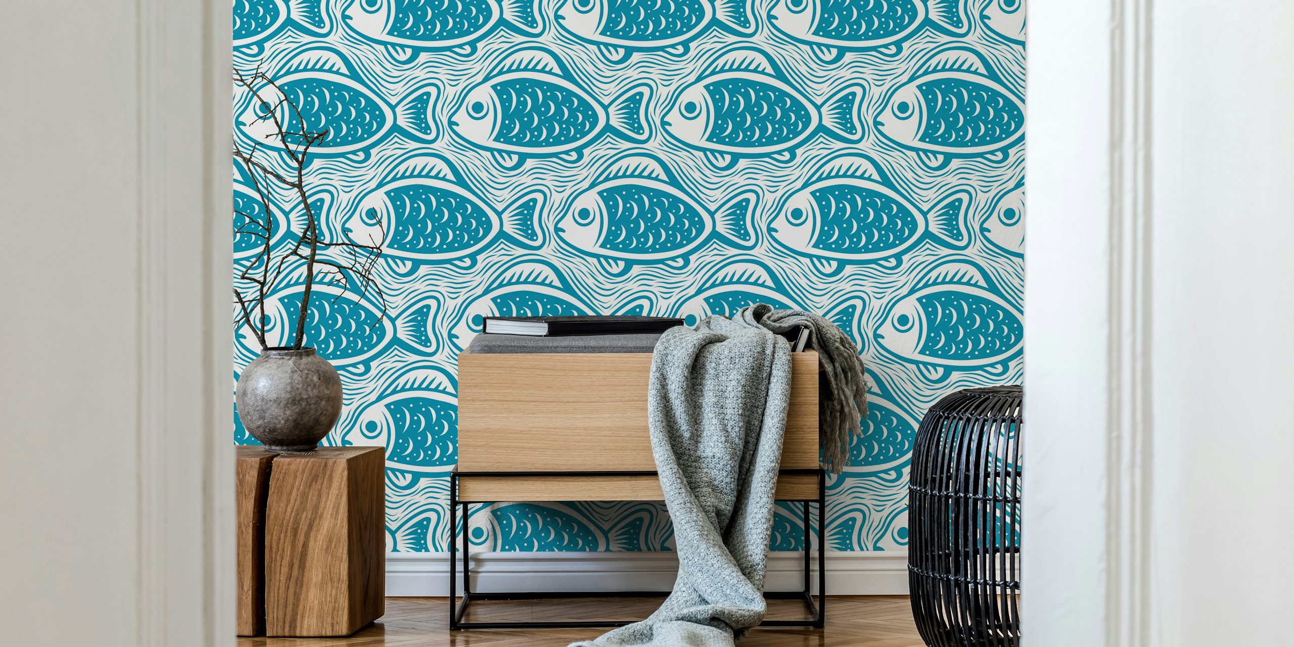 Design de papier peint à motif de poissons bleus