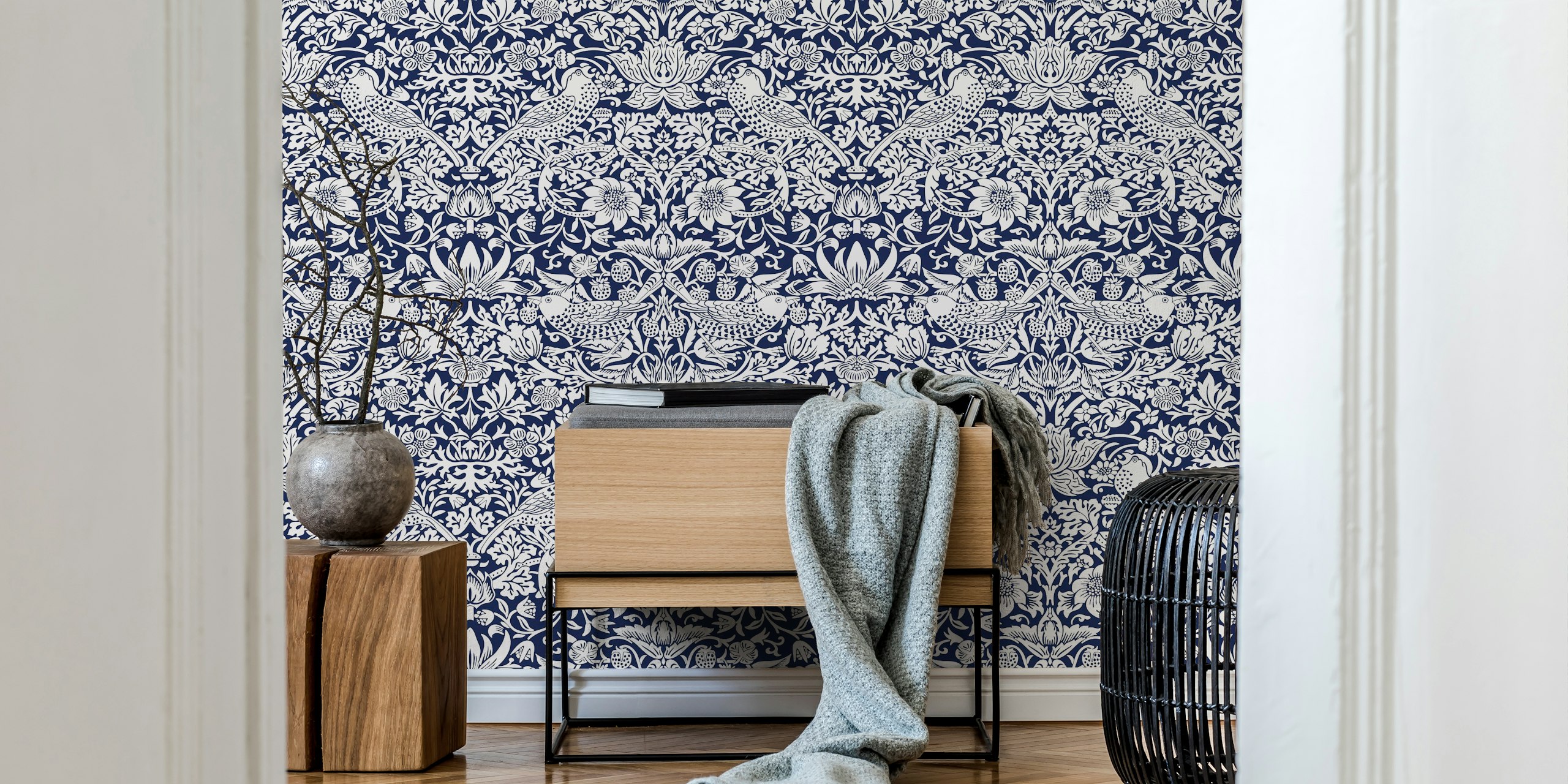 Vintage Strawberry Thief pattern with marine navy and white motif for wall mural