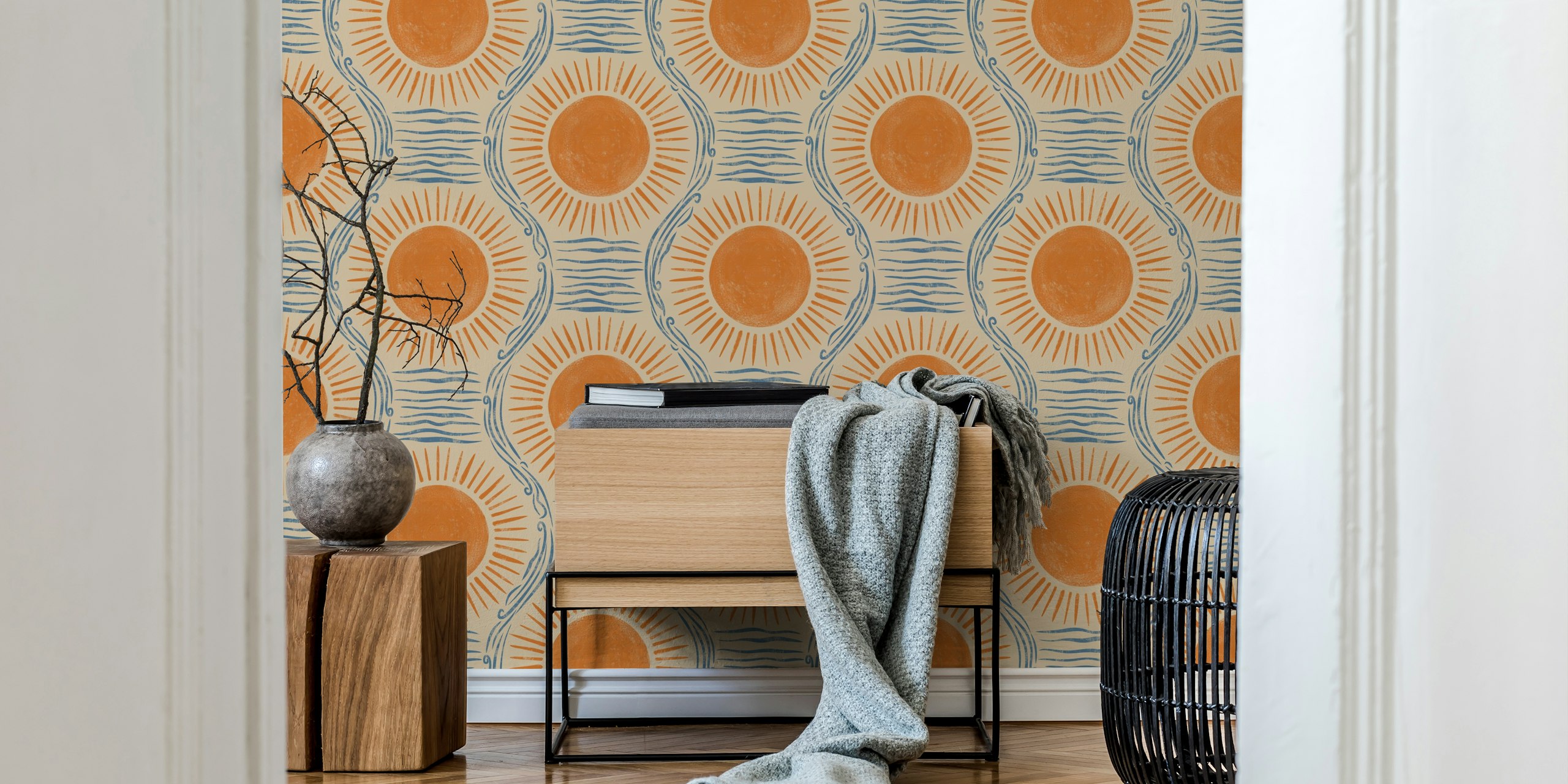Boho sonnen und meer handgezeichnet tapete orange und blau