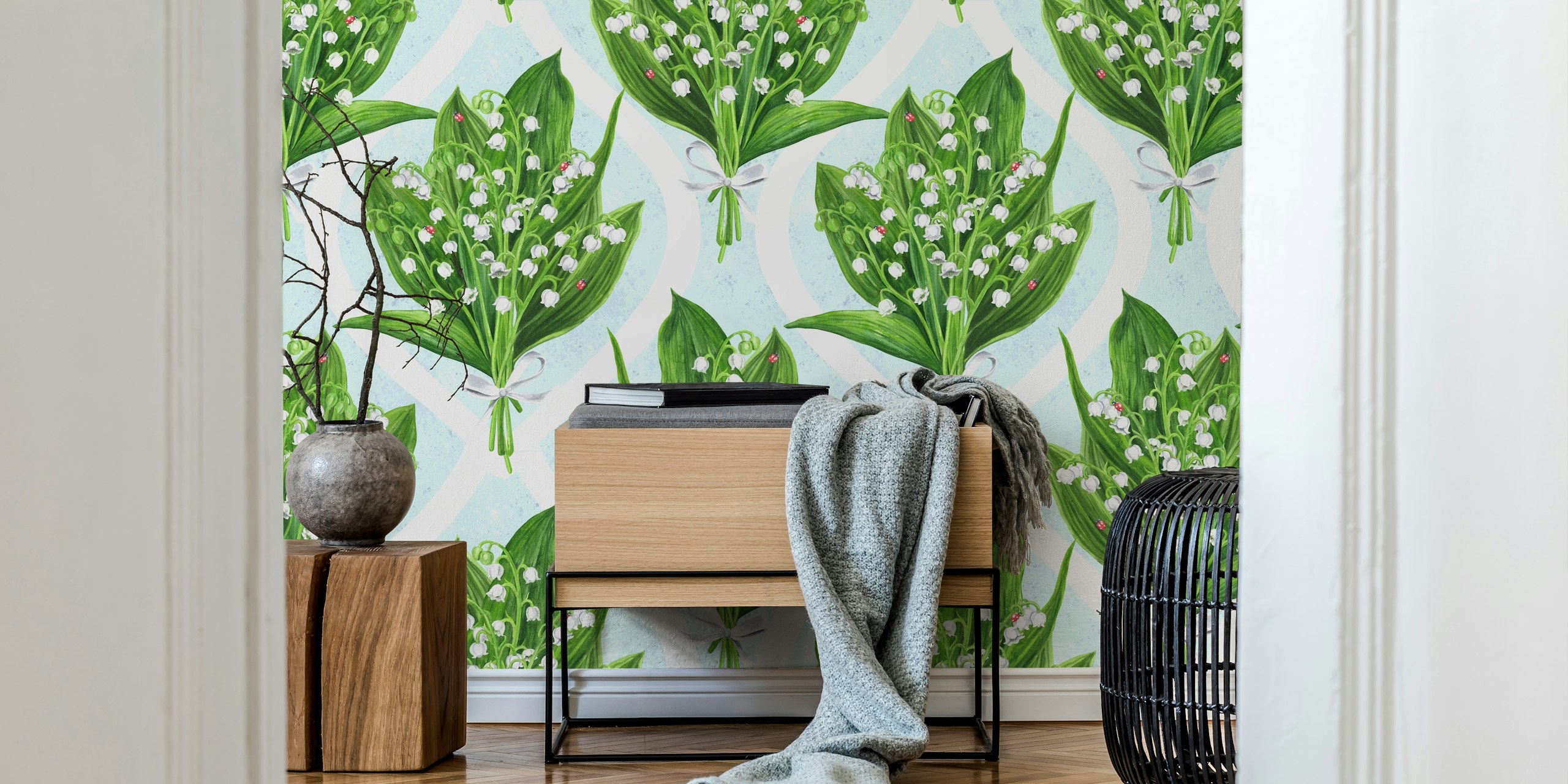 Bouquet of lily of the valley wall mural on a blue background