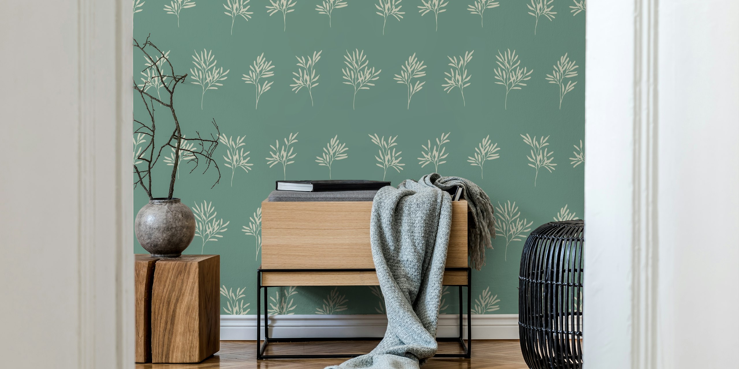 Teal background with white branches wallpaper