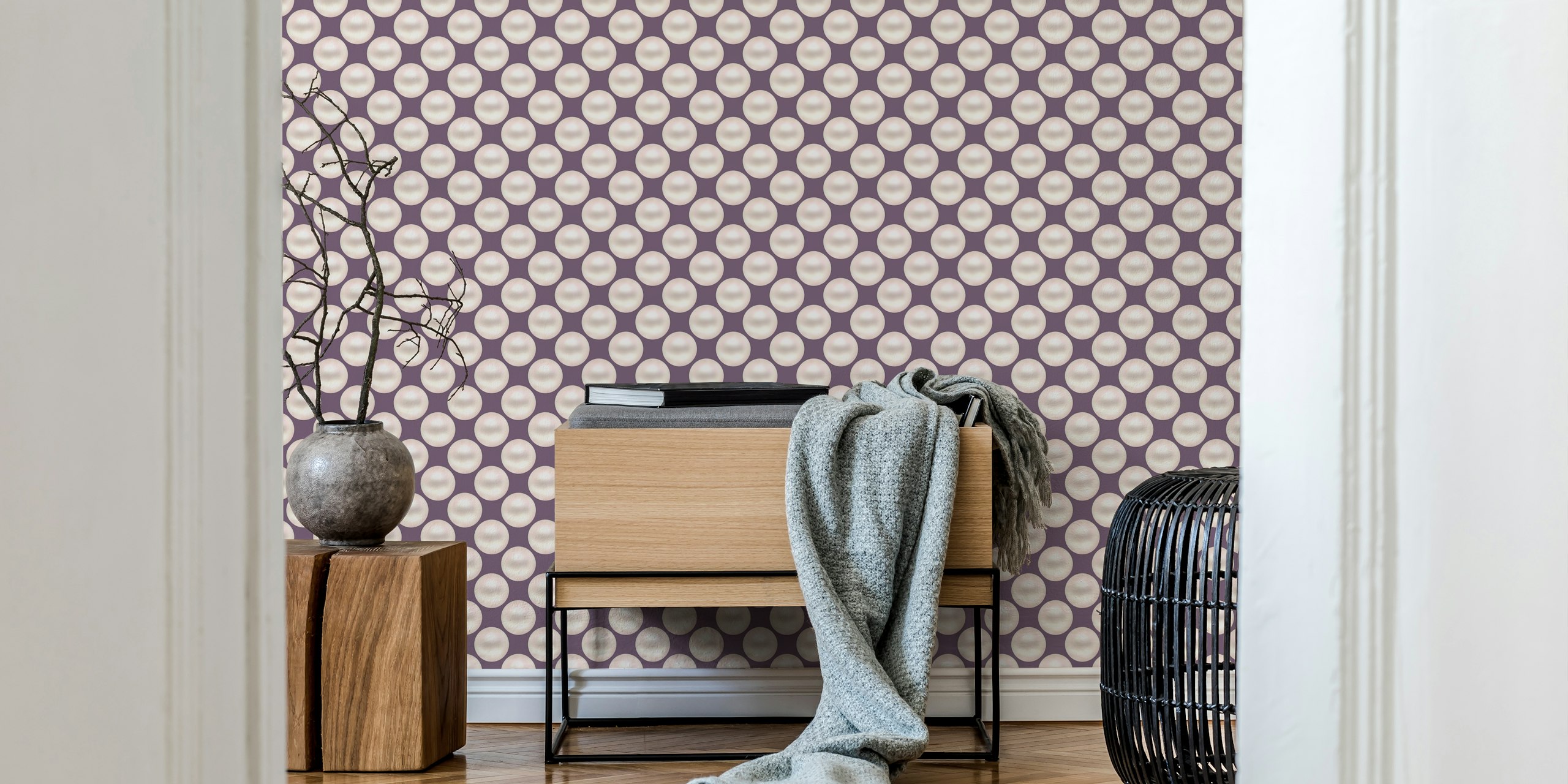 Purple background with white pearl polka dots wallpaper