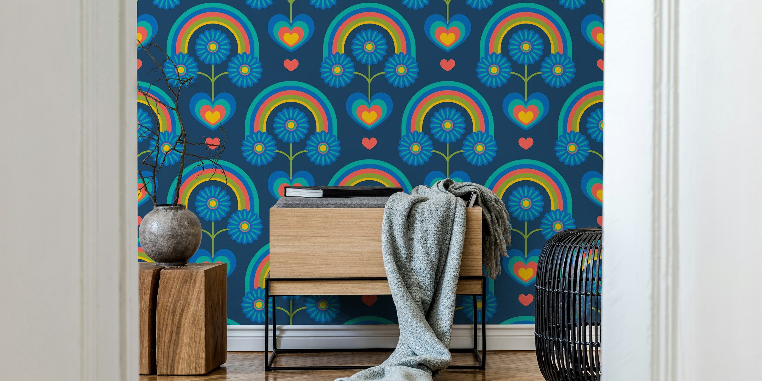 Colorful floral and rainbow patterns in blue, green, and red wallpaper