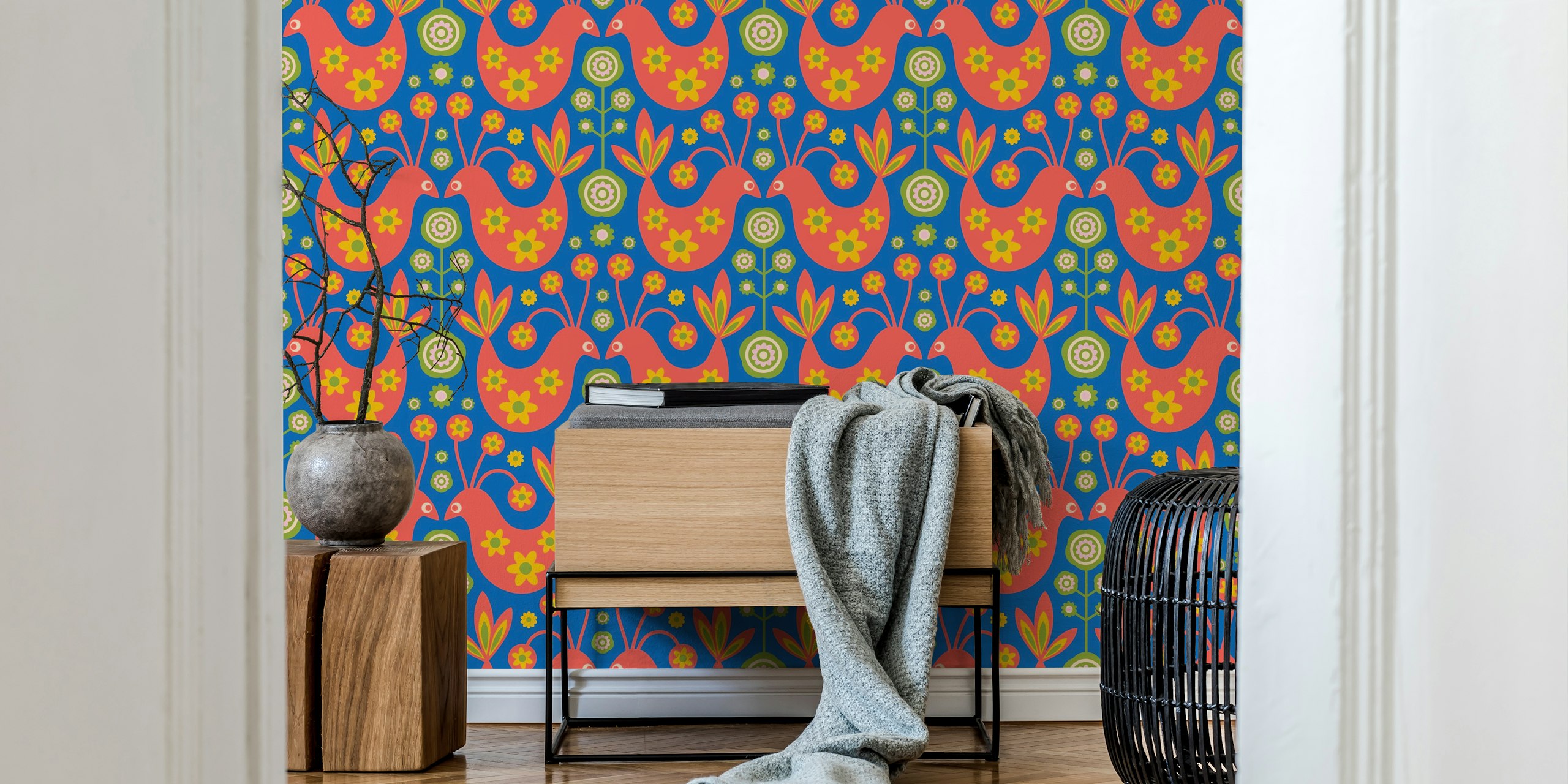Love Ptaki Retro Scandi Kwiatowa Fototapeta Z Motywami W Kolorze Czerwonym I Królewskim Błękicie