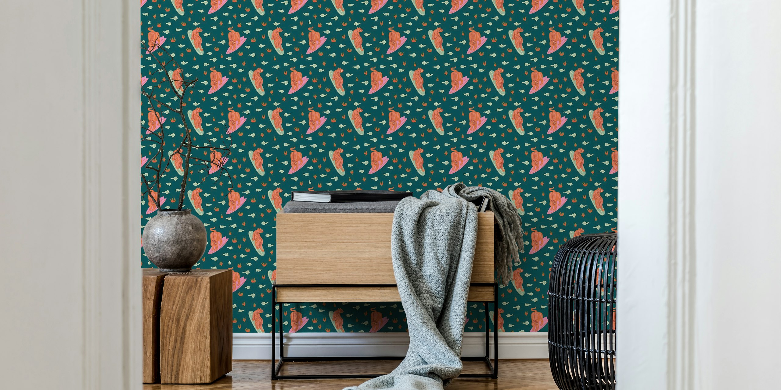Tigers on surfboards with clouds and plants, colorful wallpaper