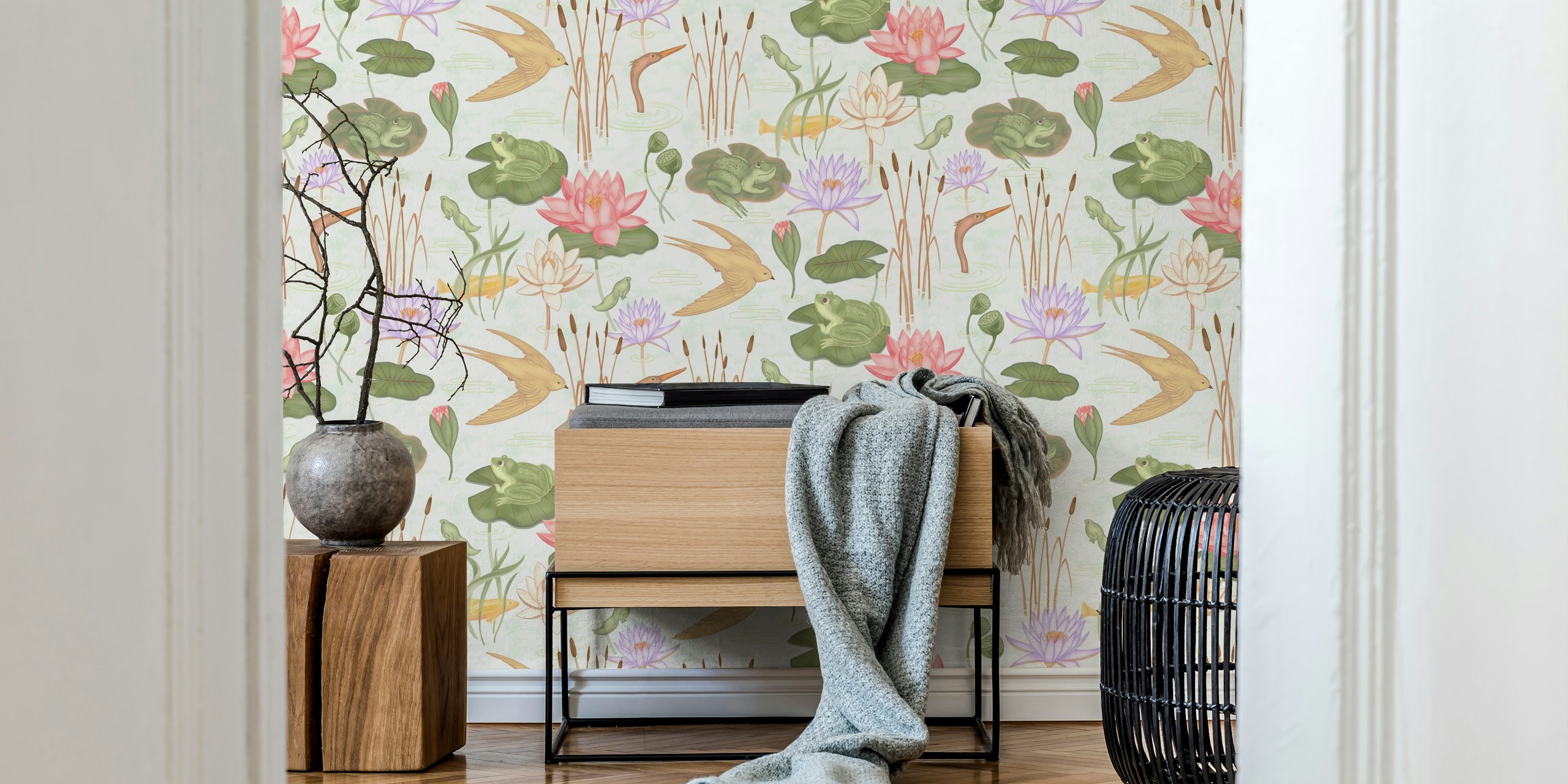 Frog and lotus illustrations in pastel colors wall mural