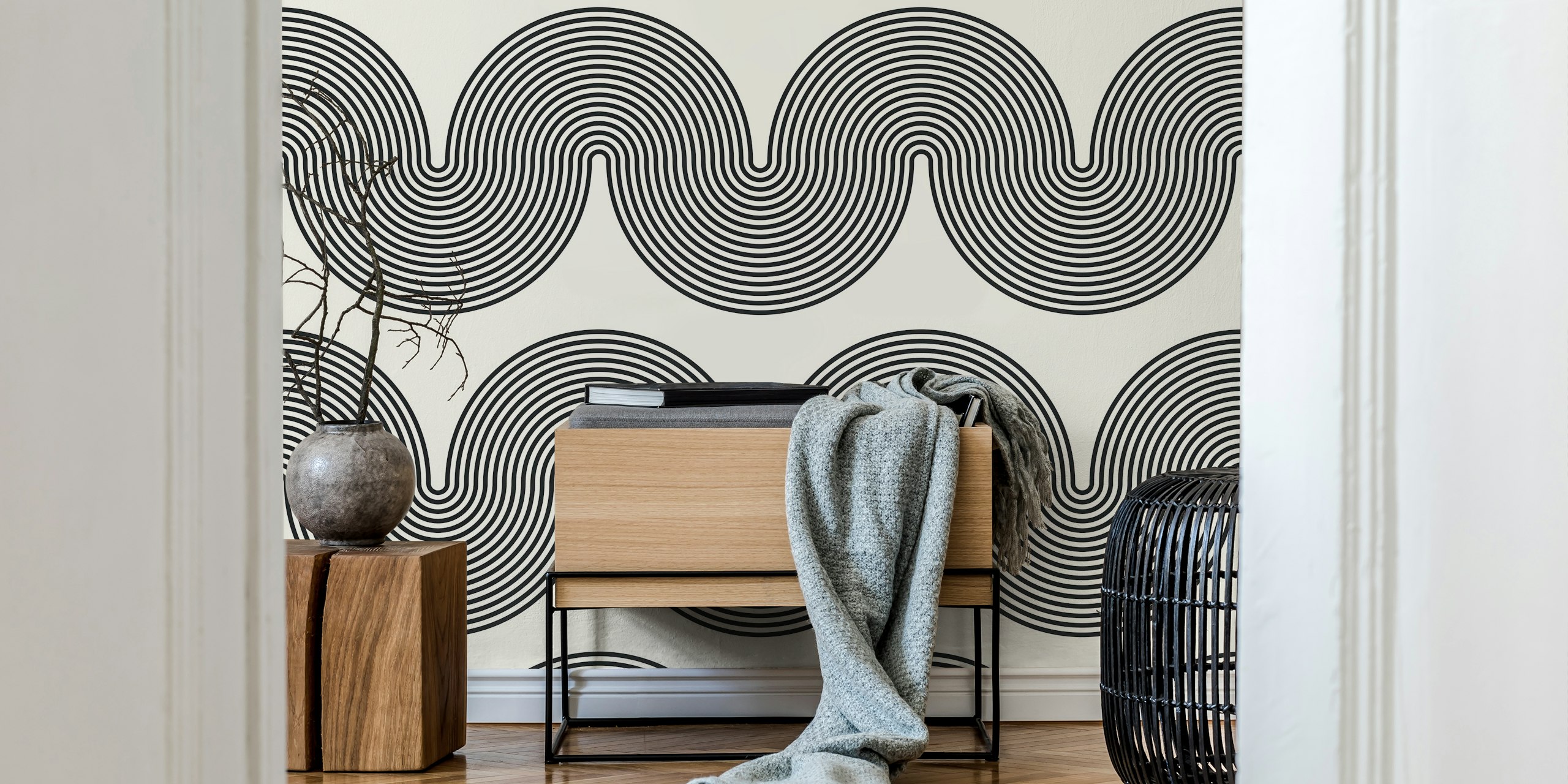 Black and white geometric patterned wallpaper featuring curved lines