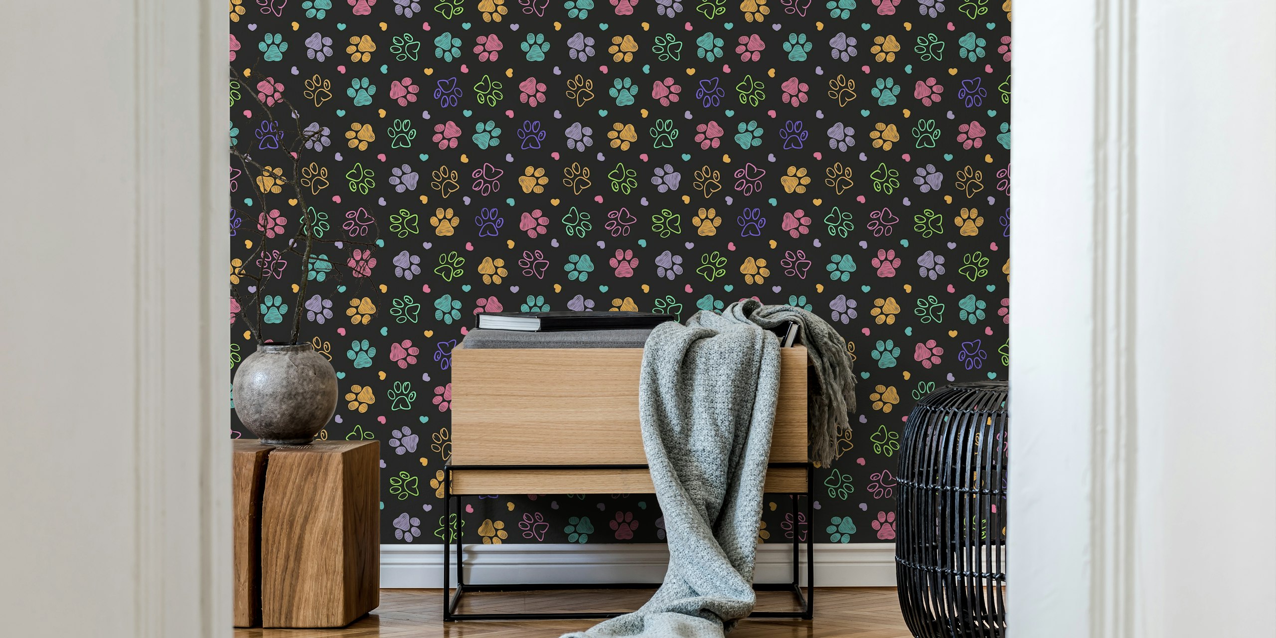 Colorful doodle paw prints on dark background wallpaper