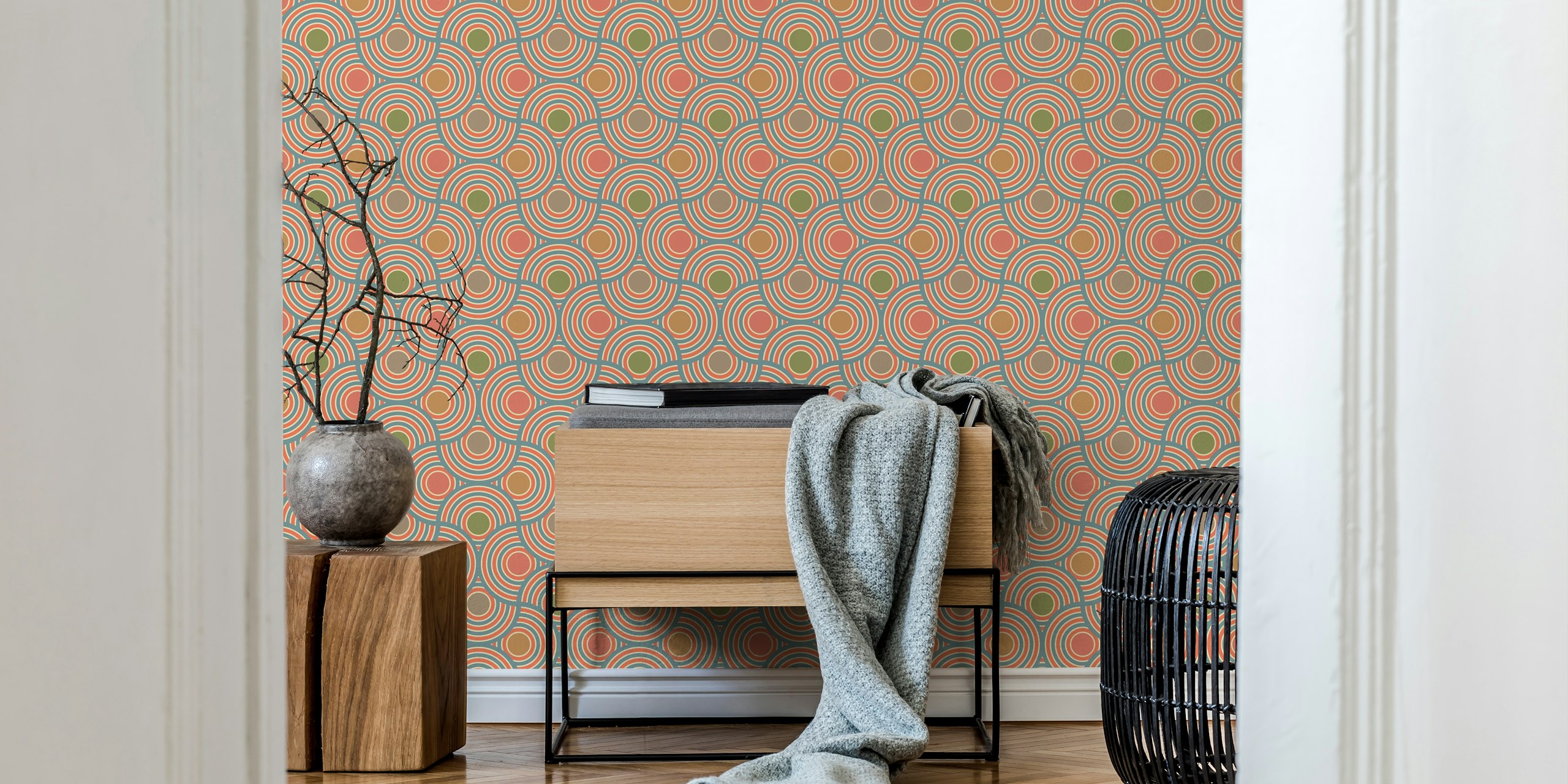 Art Deco geometric circle wallpaper in coral, teal, and beige.