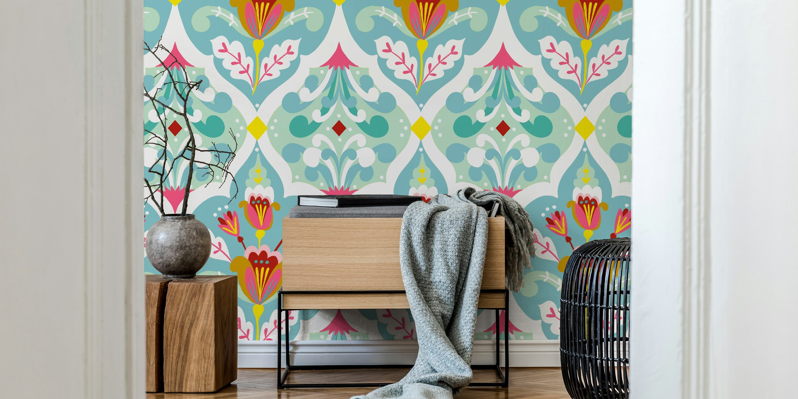 Elegante mural de pared floral damasco en tonos menta con vibrantes detalles florales