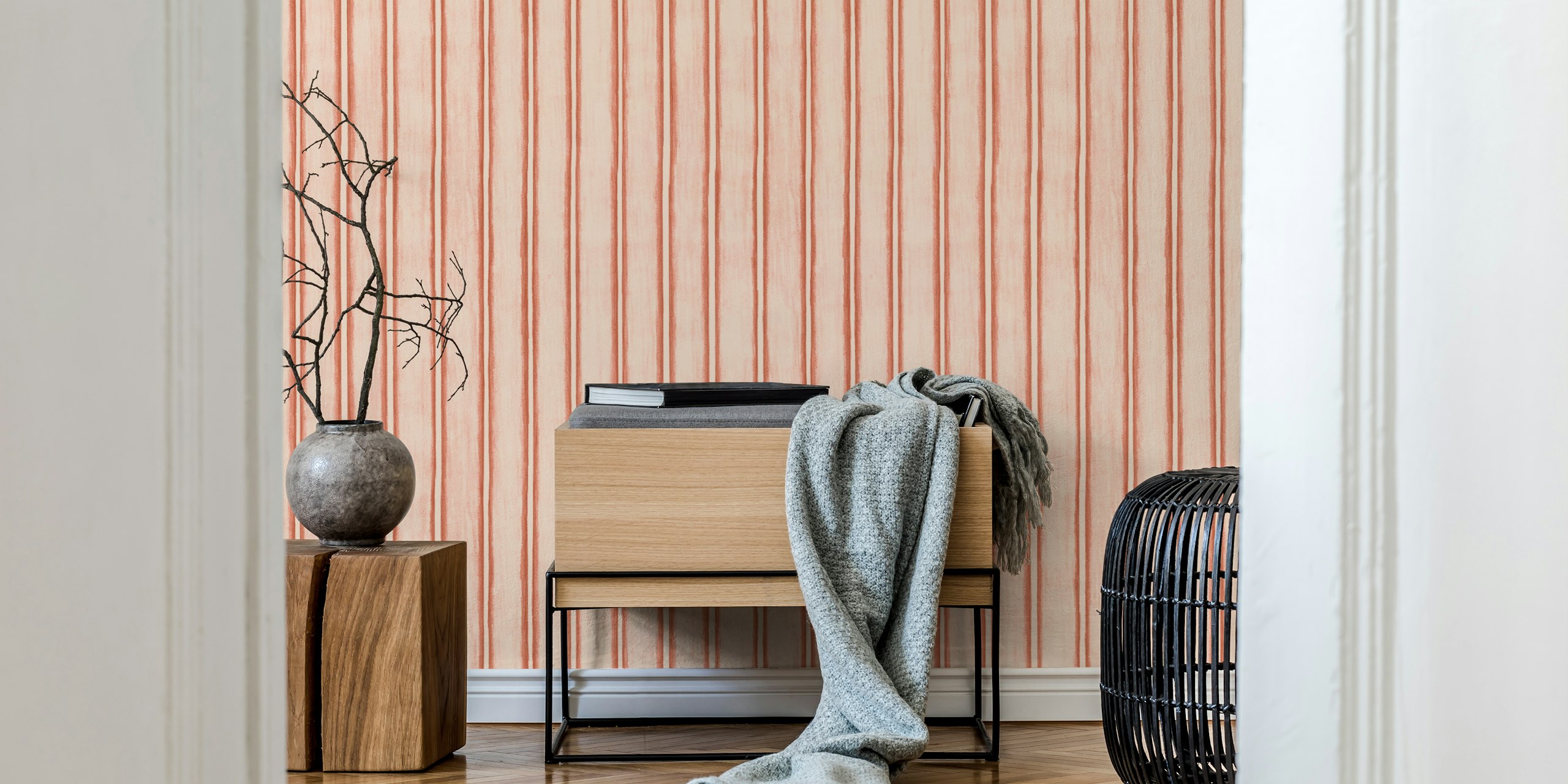Dusty Tangerine Chalky Stripes wall mural with vertical patterns