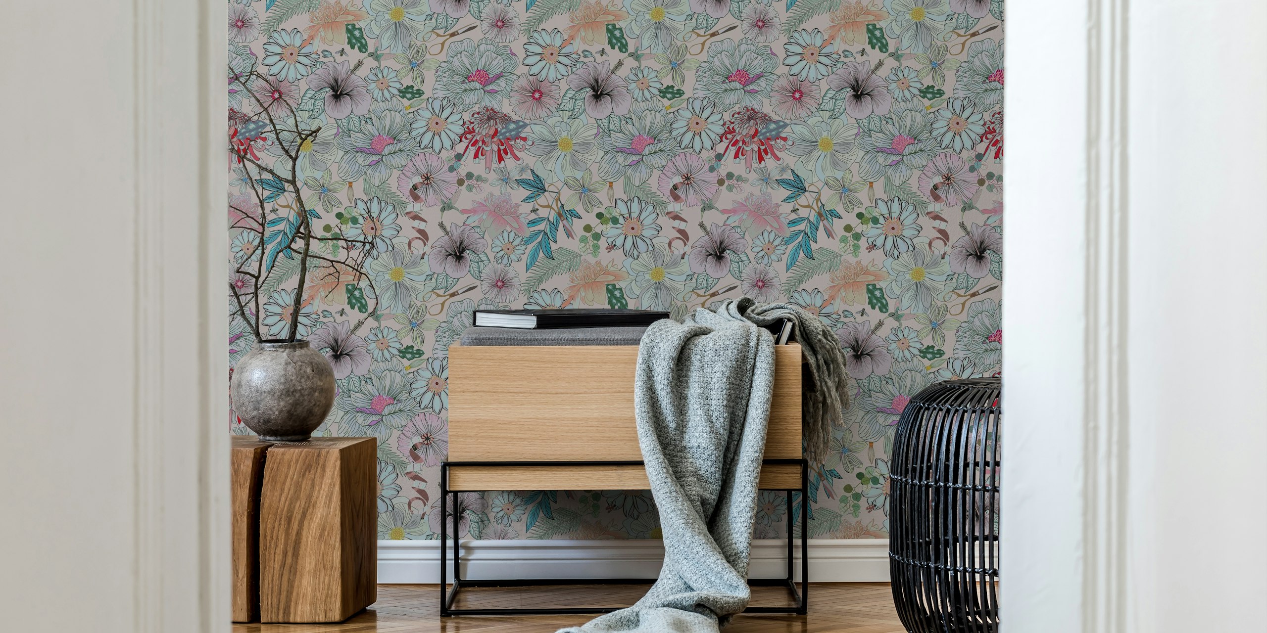 Soft floral wallpaper in a room