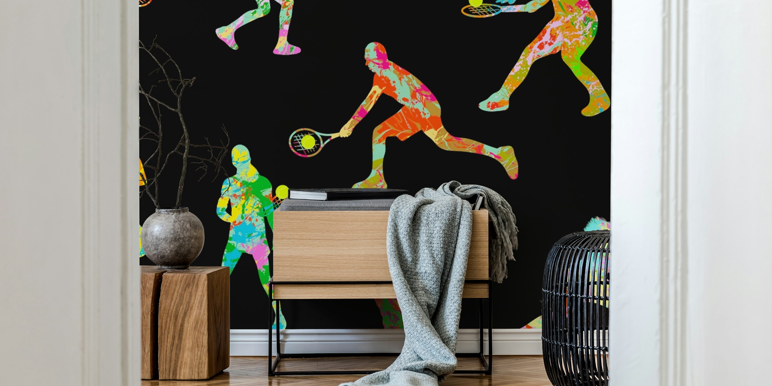 Tennis players silhouette in vibrant colors against black background wallpaper