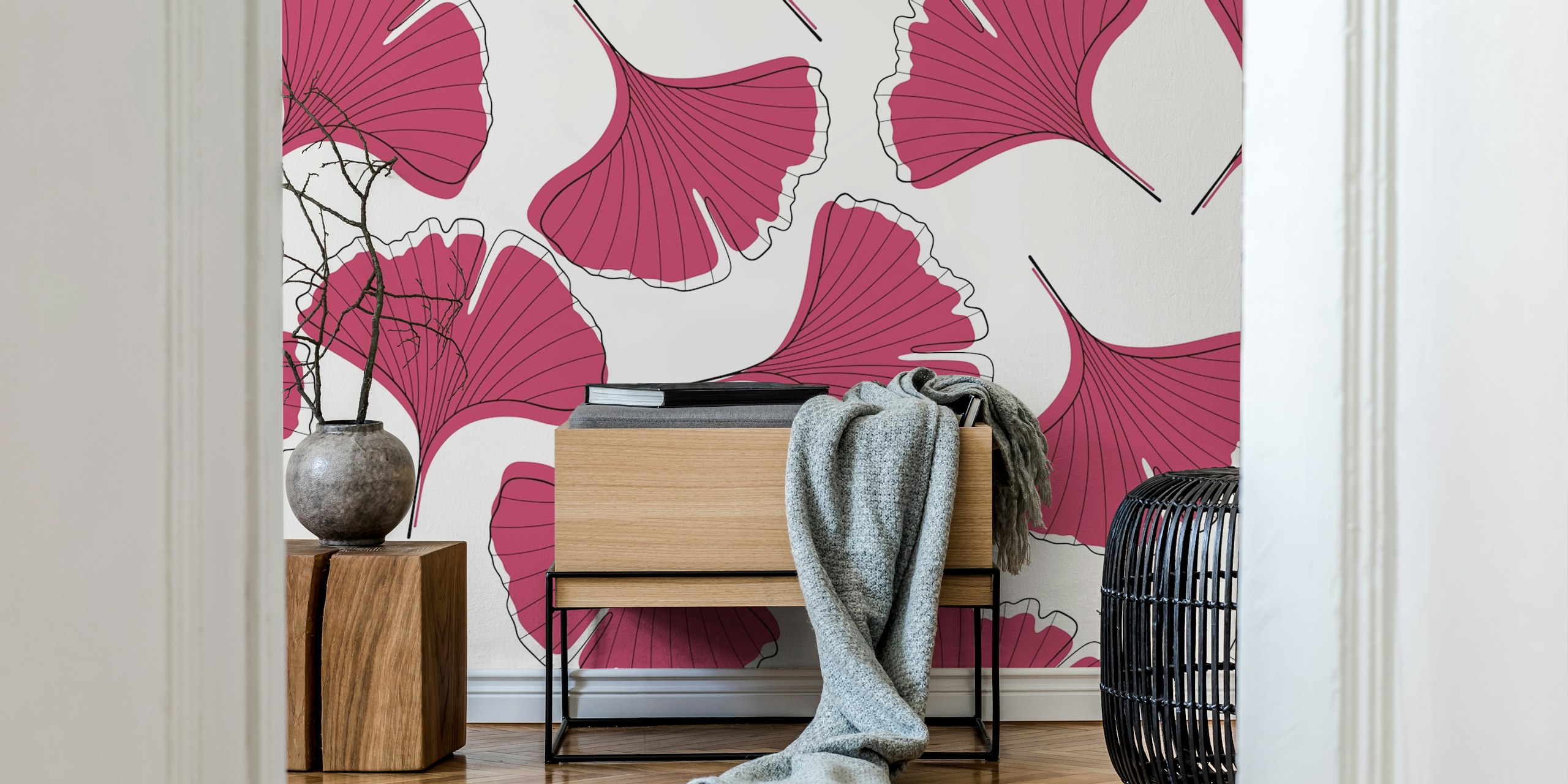 Pink Ginkgo Biloba leaves pattern on white background wallpaper