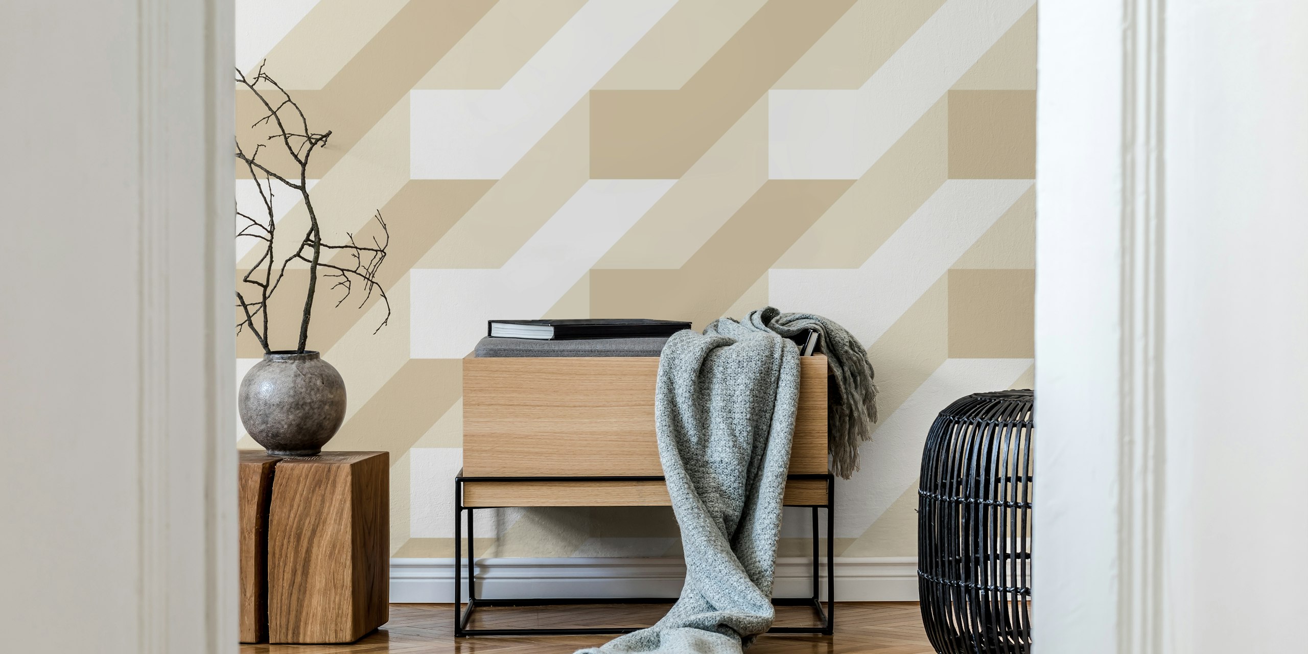 Threedimensional geometric bright tapet visad i ett rum