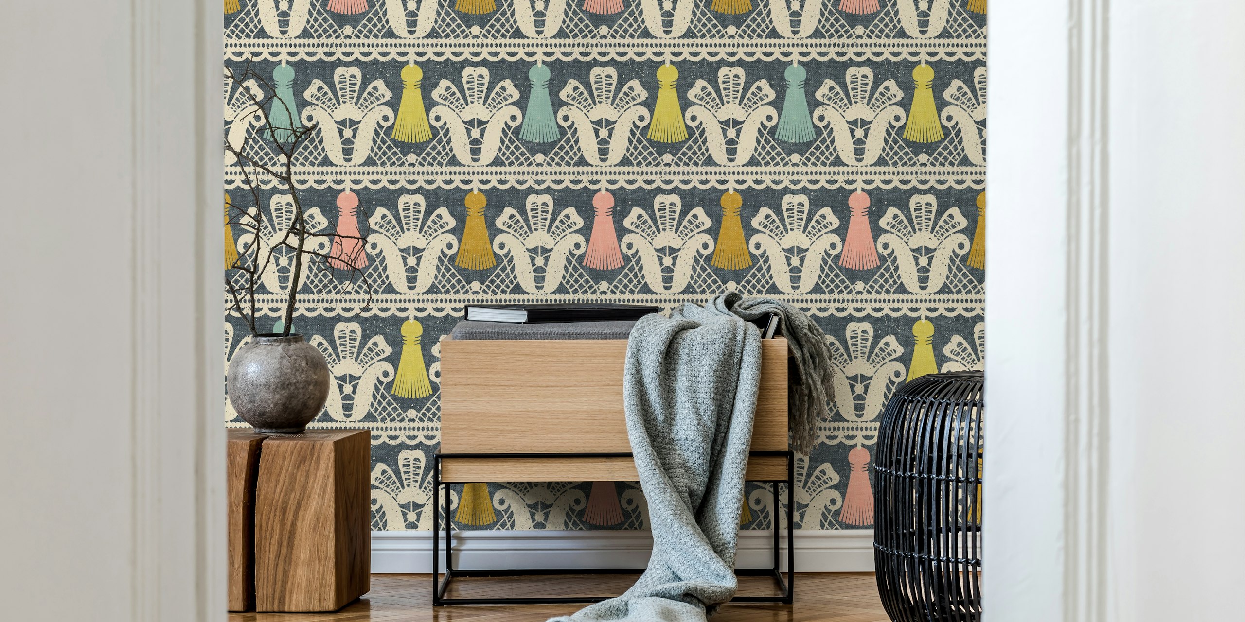 Colorful lace and tassels patterns on denim background wallpaper