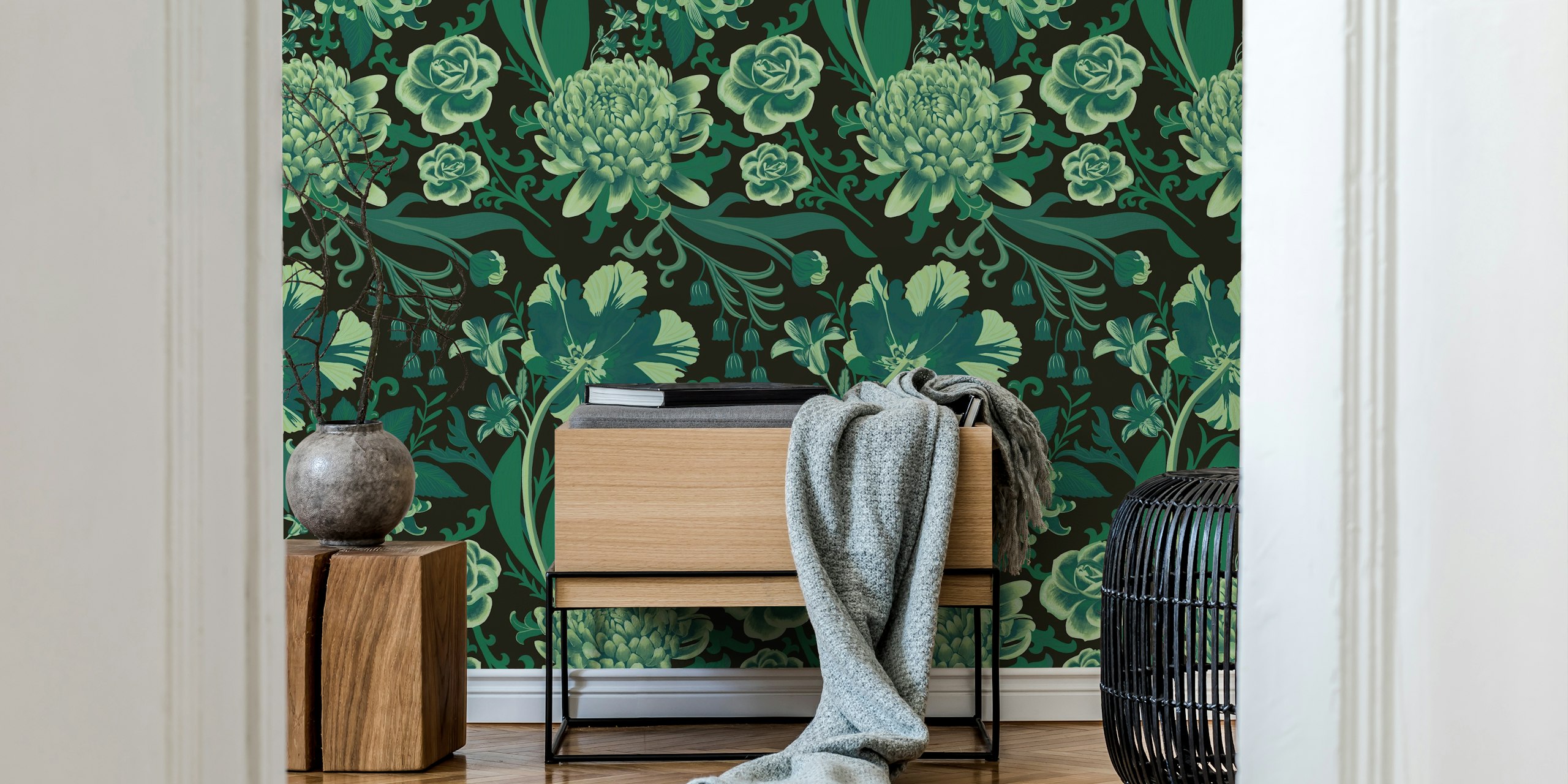 Rococo flowers in green papel de parede exibido em uma sala