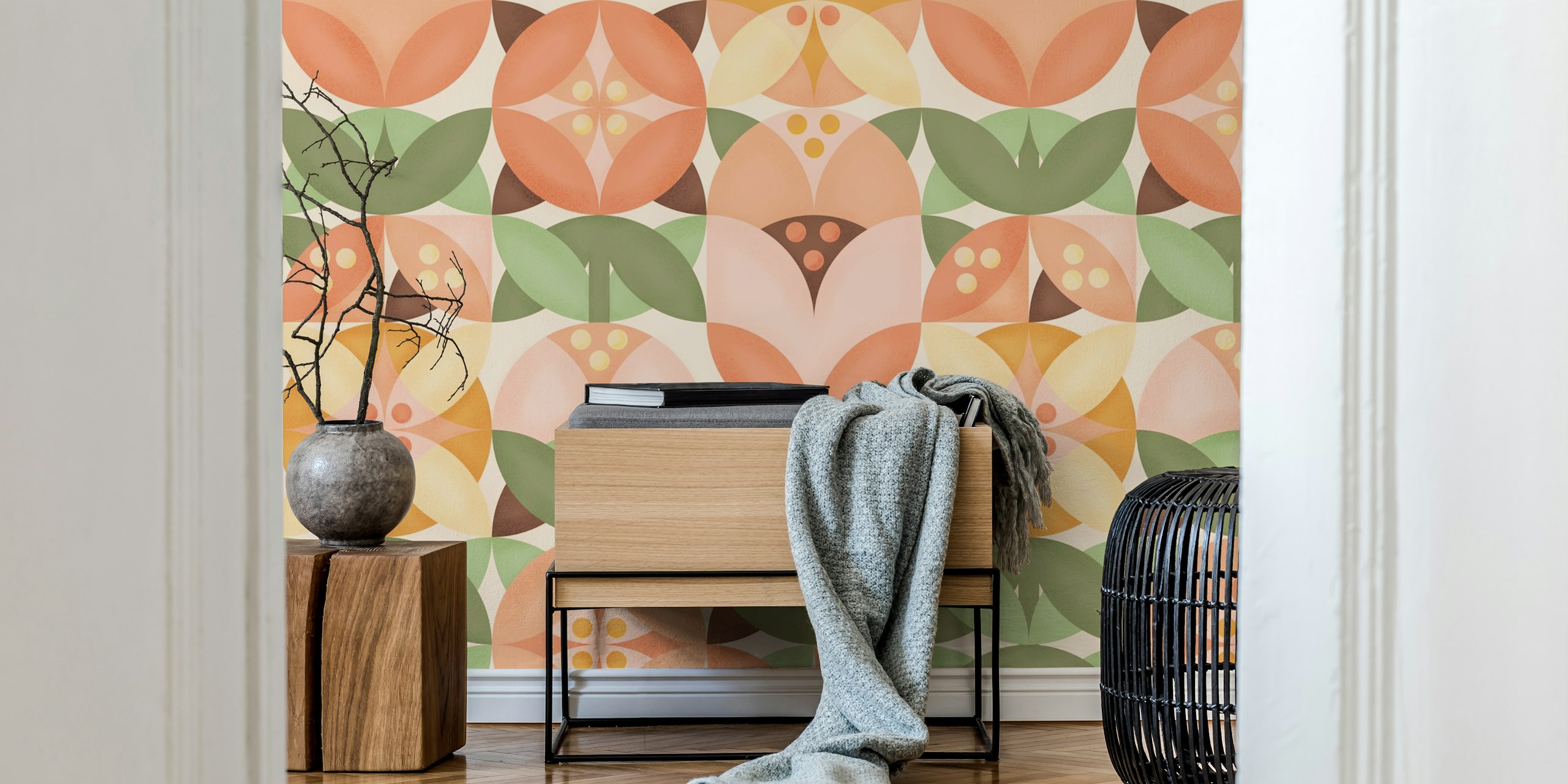 Mid-Century Modern Floral Wall Mural with Big Flowers in Earth Tones